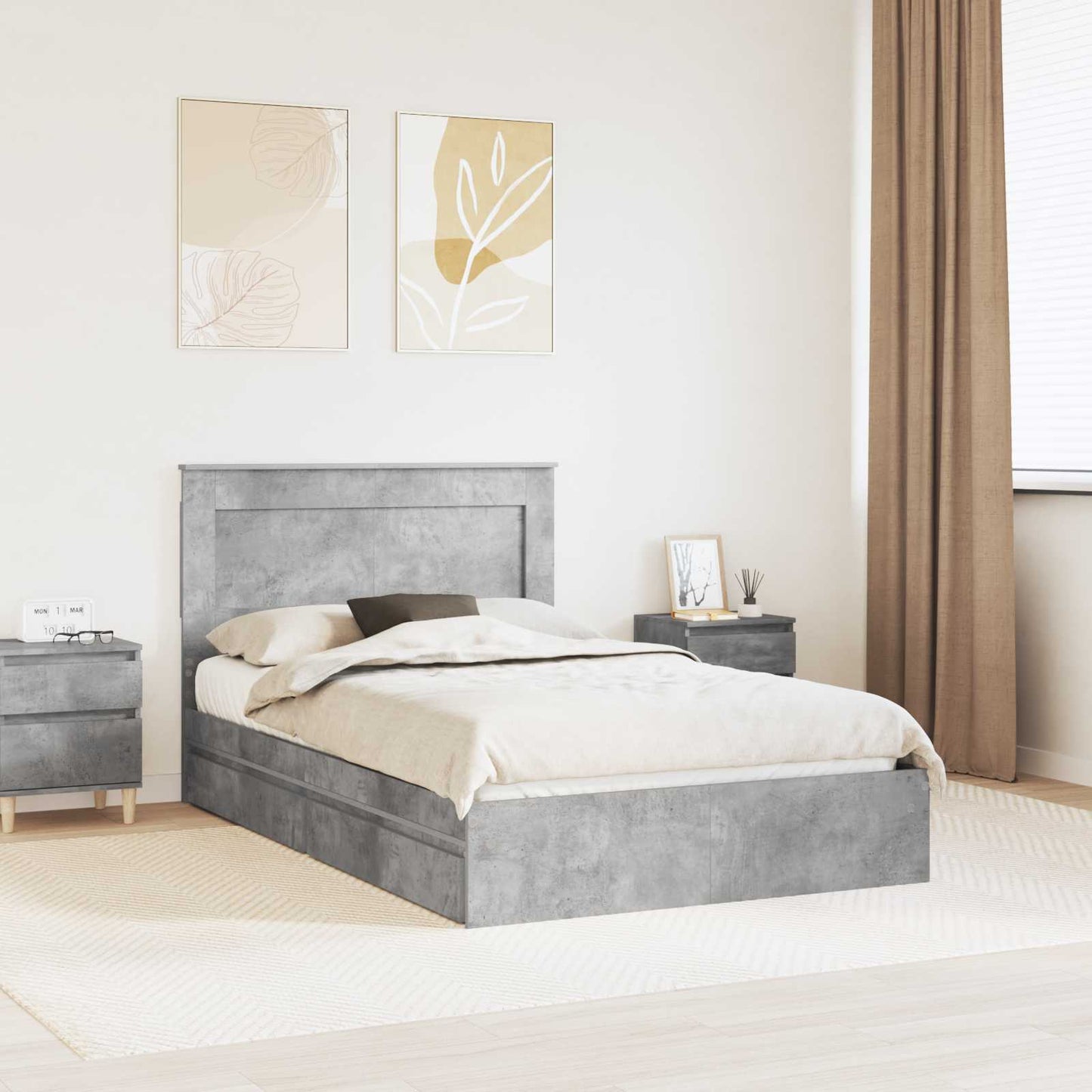 Storage Bed Concrete Grey 135 x 190 cm Engineered Wood