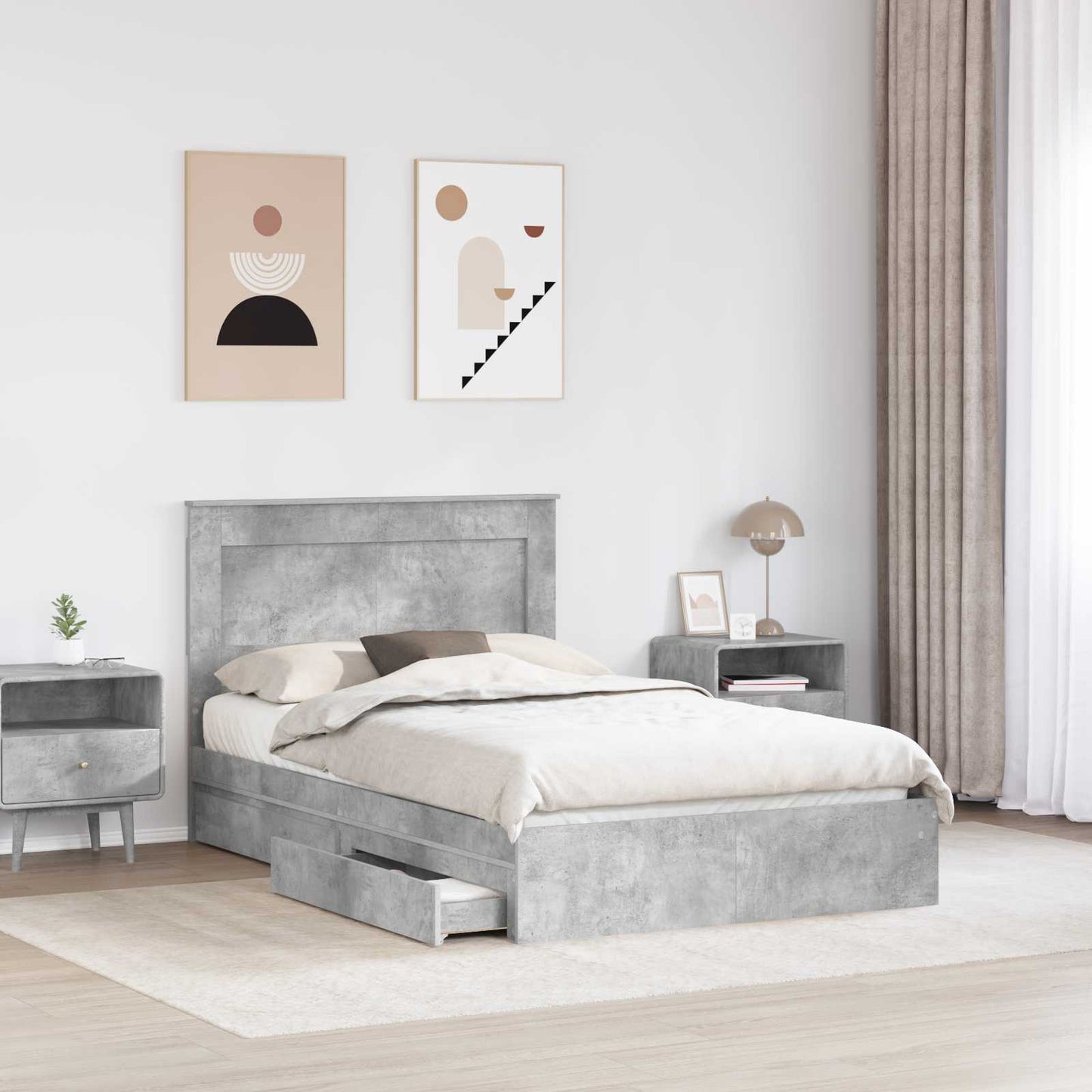 Storage Bed Concrete Grey 135 x 190 cm Engineered Wood