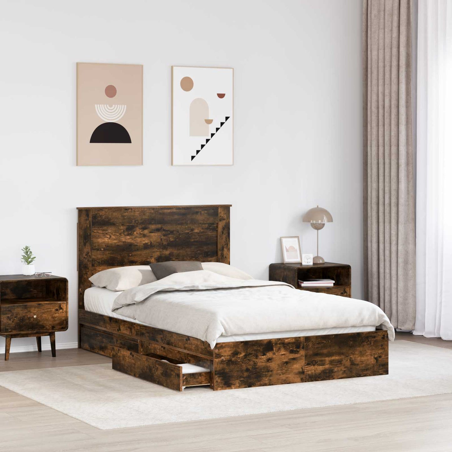 Storage Bed with Drawer Smoked Oak 135 x 190 cm Engineered Wood