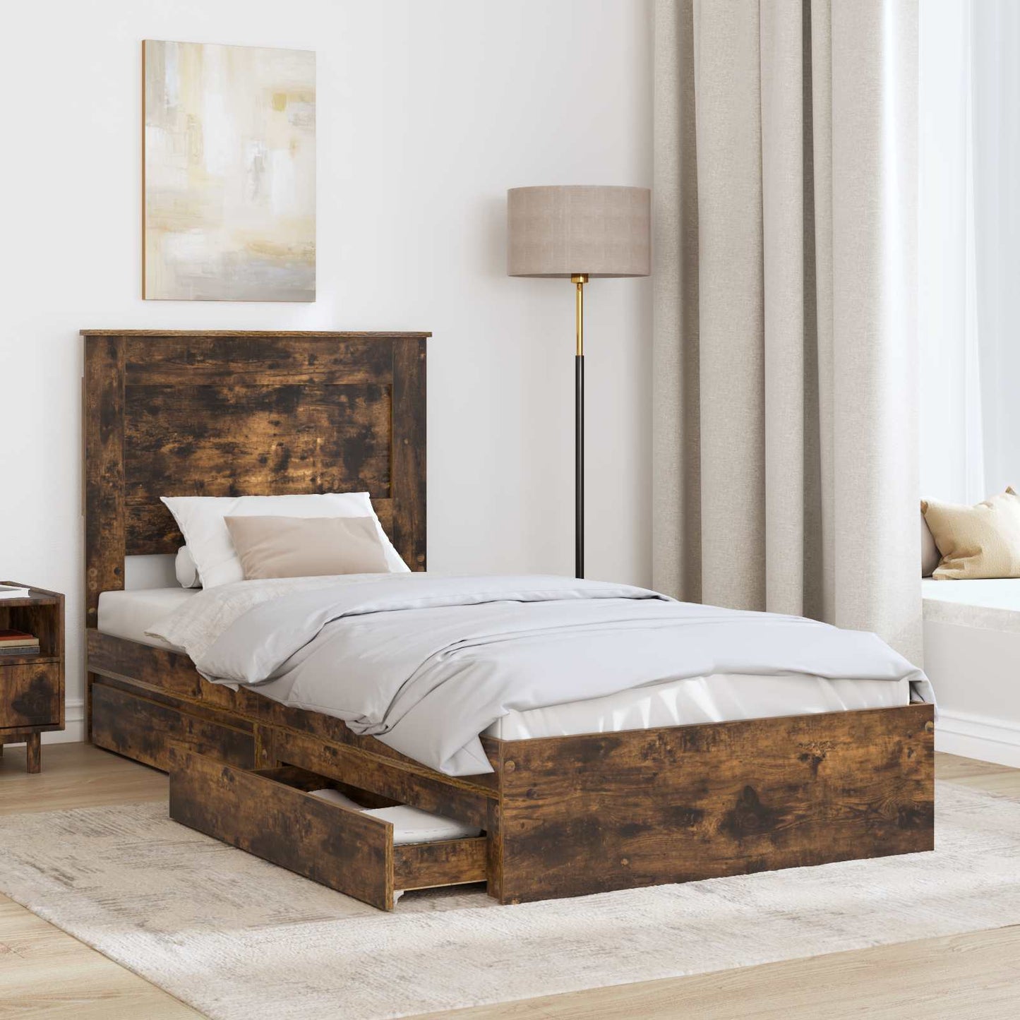 Storage Bed with Drawer Smoked Oak 90 x 190 cm Engineered Wood