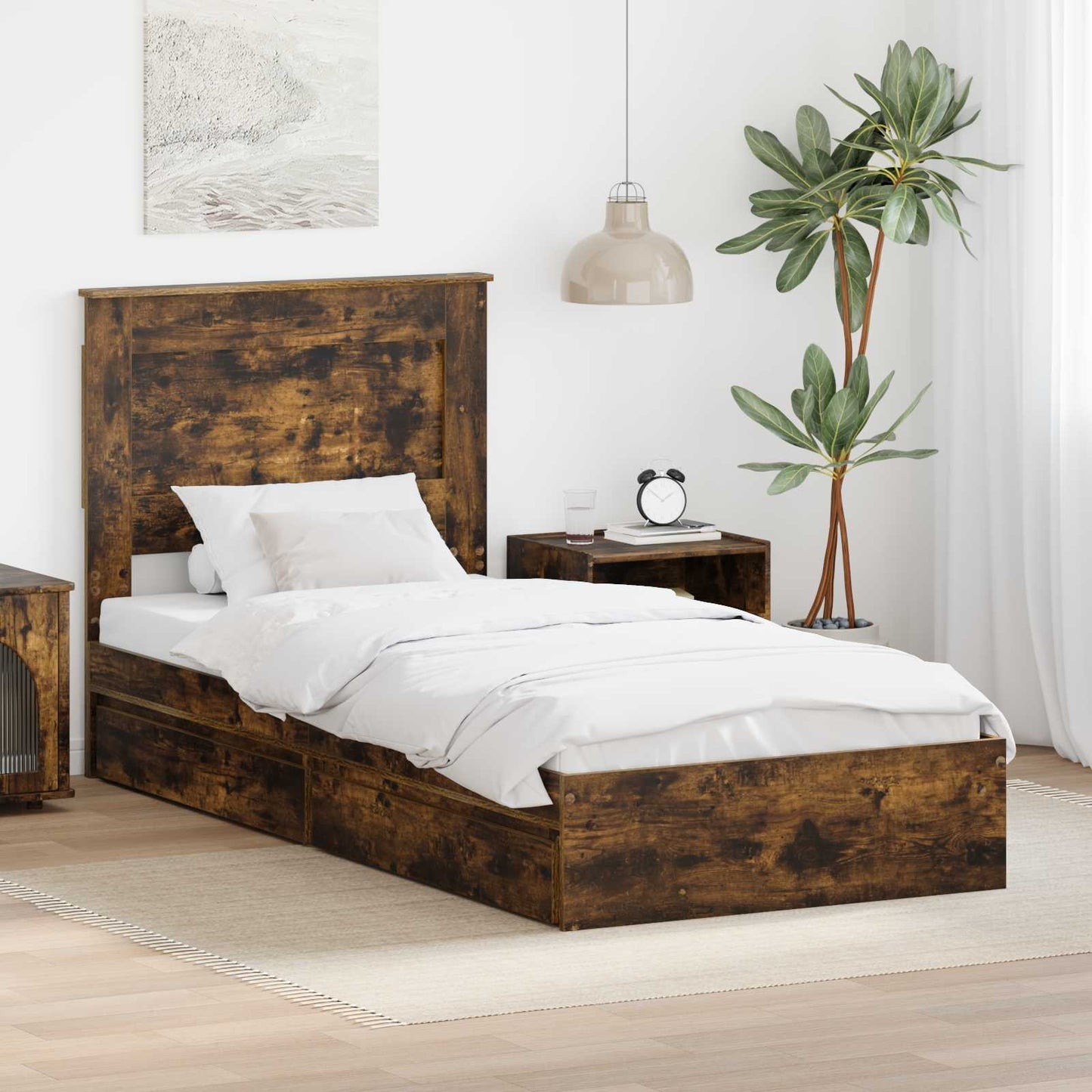 Storage Bed with Drawer Smoked Oak 90 x 200 cm Engineered Wood