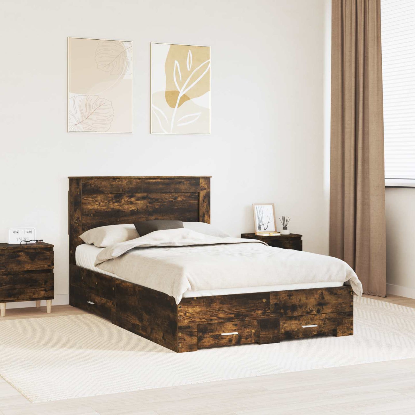 Bed Frame with Drawer Smoked Oak 135 x 190 cm Engineered Wood