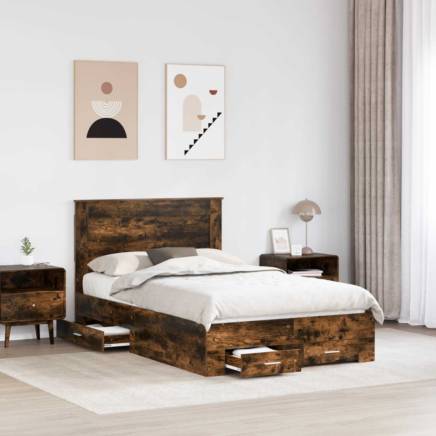 Bed Frame with Drawer Smoked Oak 135 x 190 cm Engineered Wood