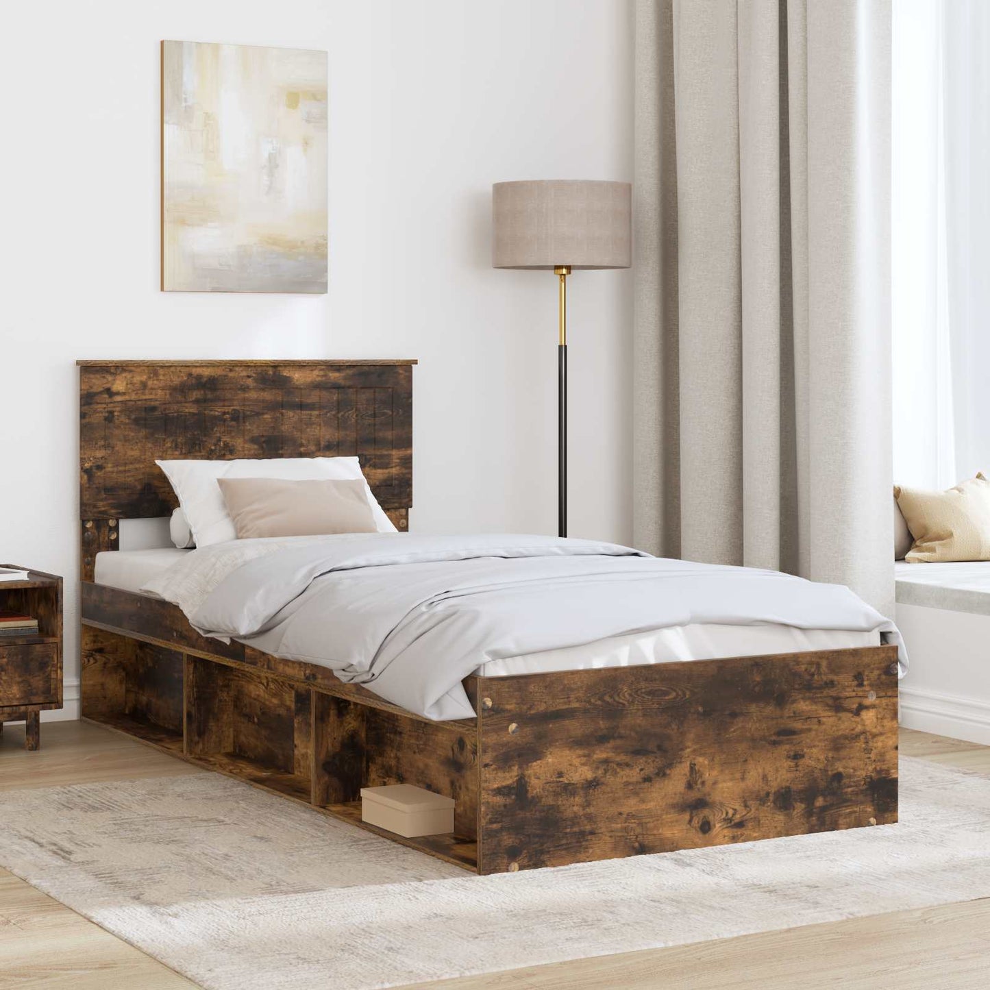 Bed Frame with Headboard Smoked Oak 90 x 200 cm Solid Pine Wood