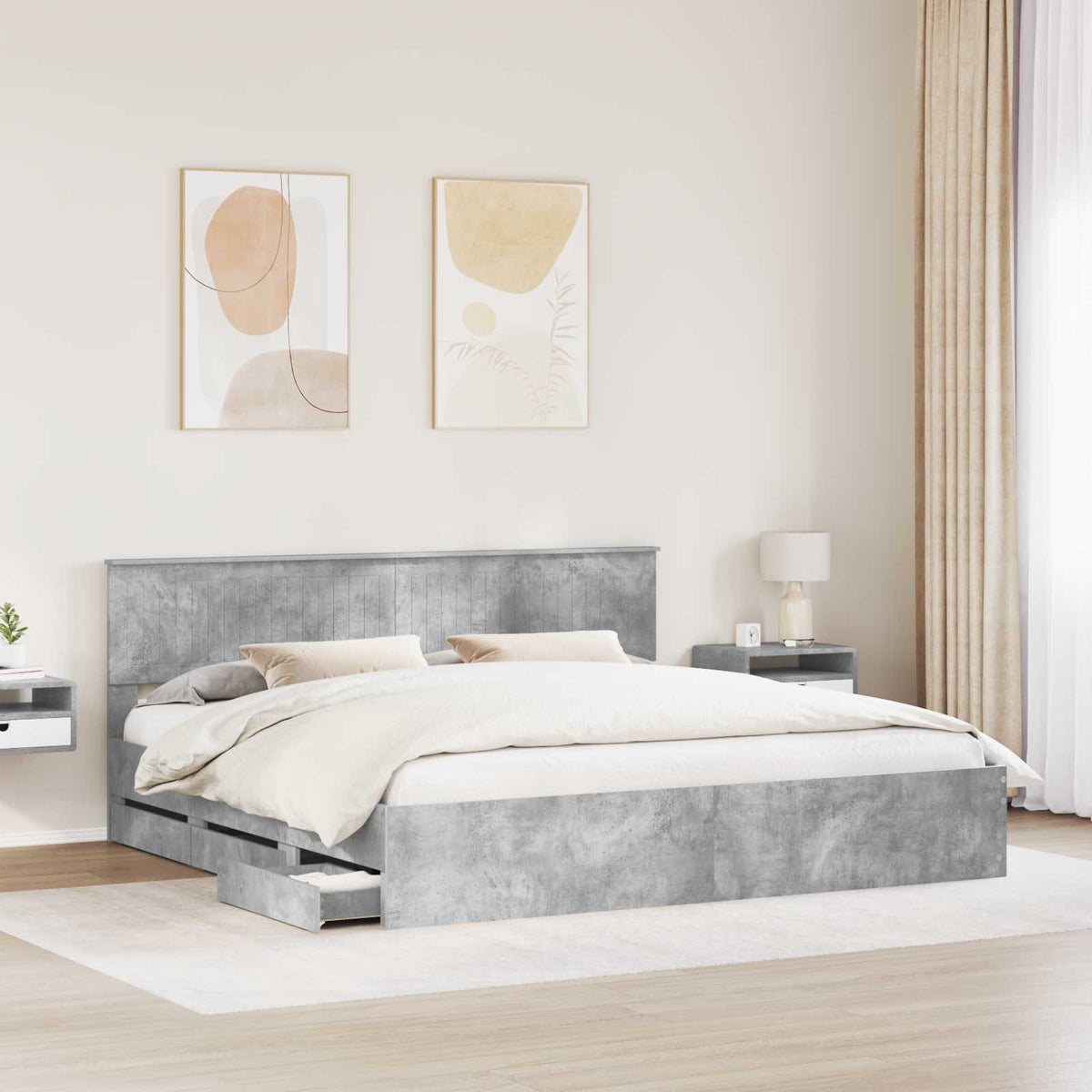 Bed Frame with Drawer Concrete Grey 200 x 200 cm Engineer Wood