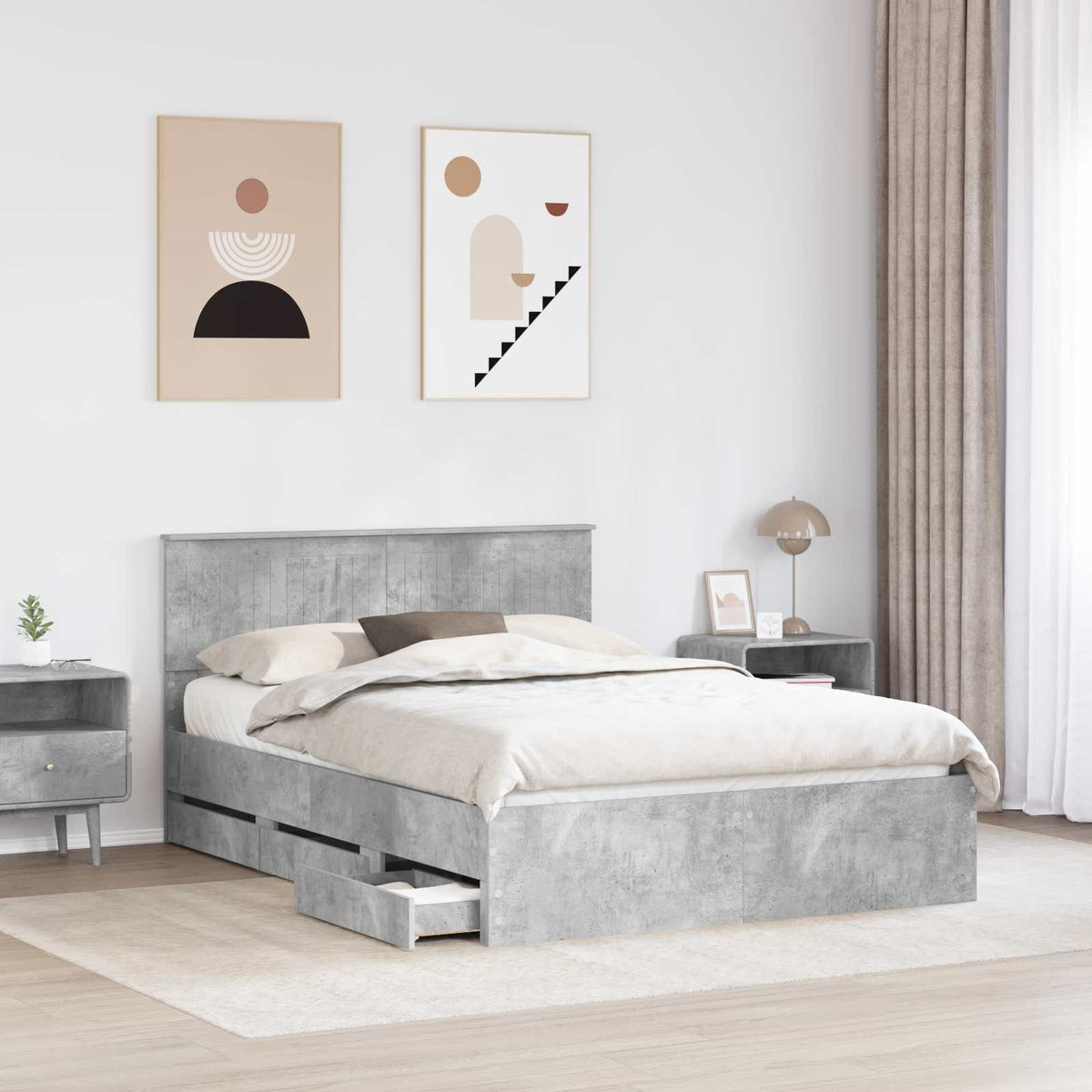 Bed Frame with Drawer Concrete Grey 135 x 190 cm Engineer Wood