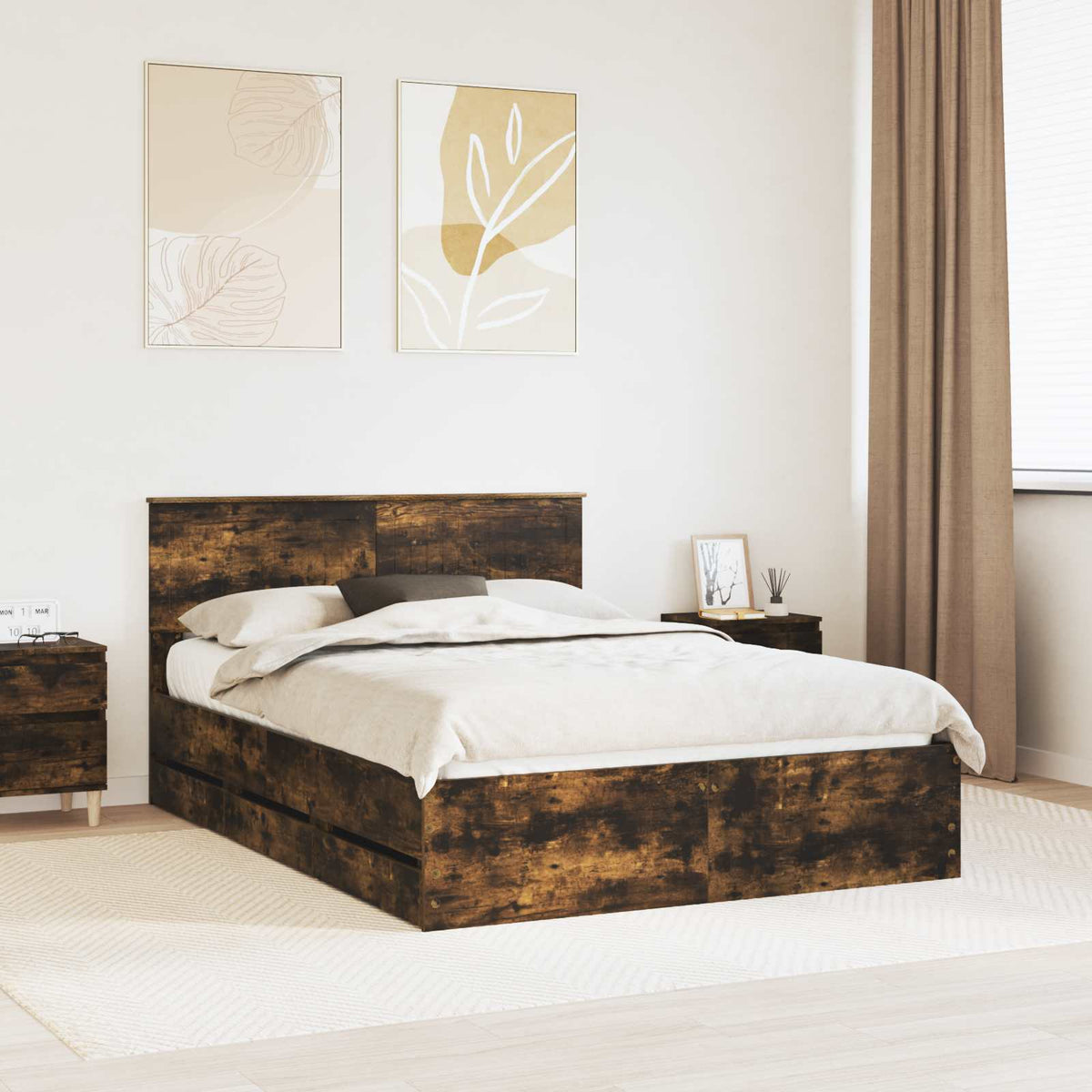 Bed Frame with Drawer Smoked Oak 135 x 190 cm Engineer Wood
