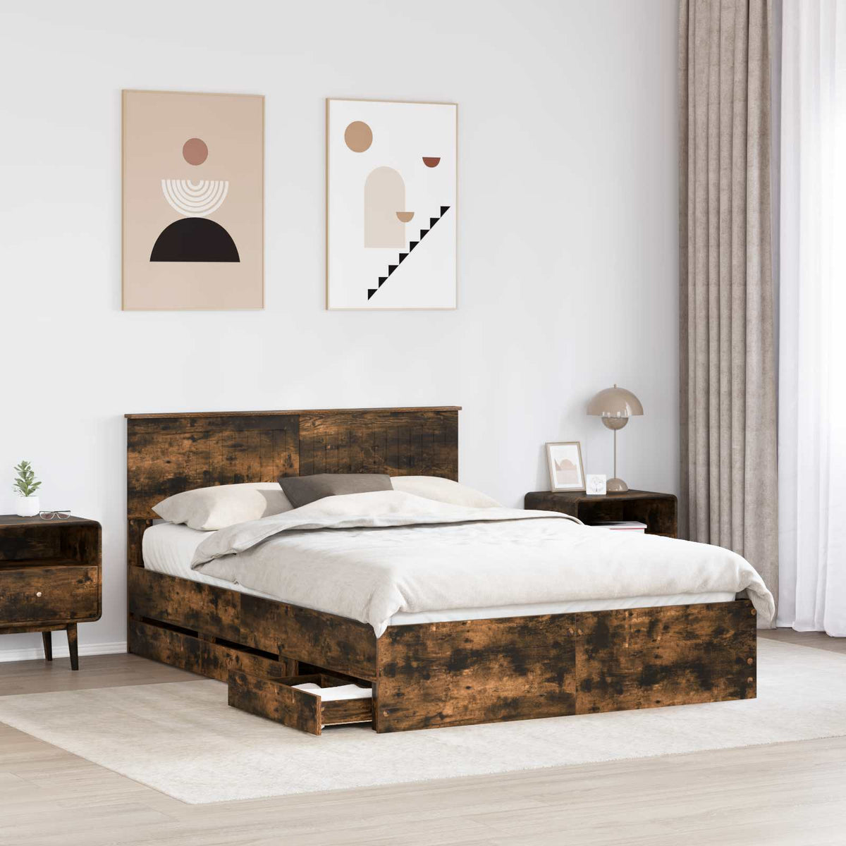 Bed Frame with Drawer Smoked Oak 135 x 190 cm Engineer Wood