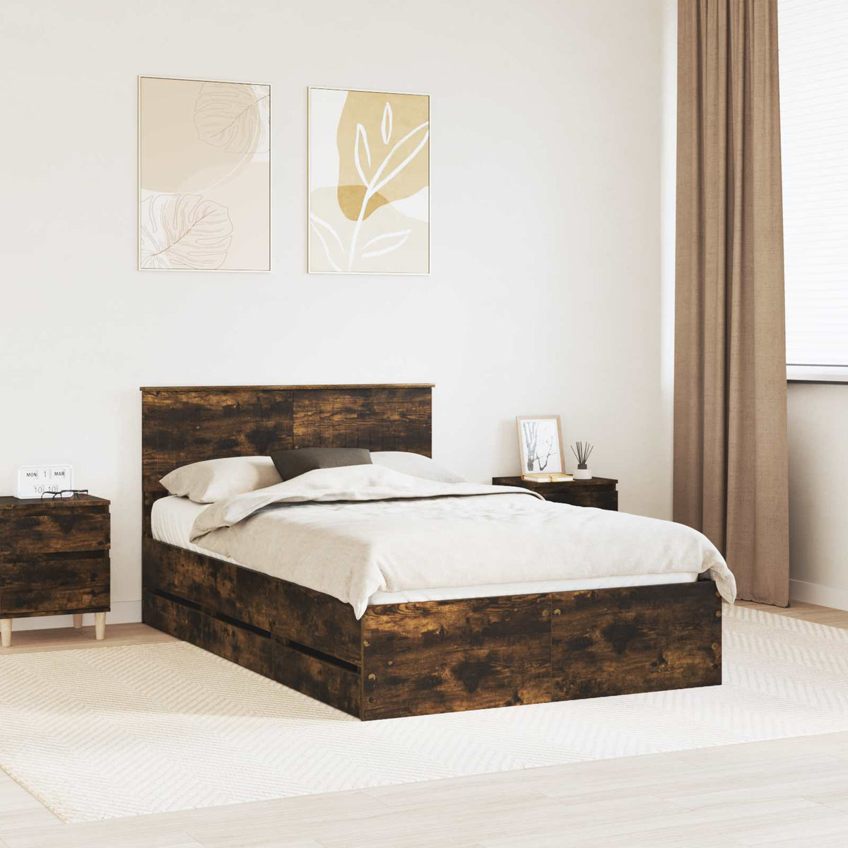 Bed Frame with Drawer Smoked Oak 120 x 190 cm Engineer Wood