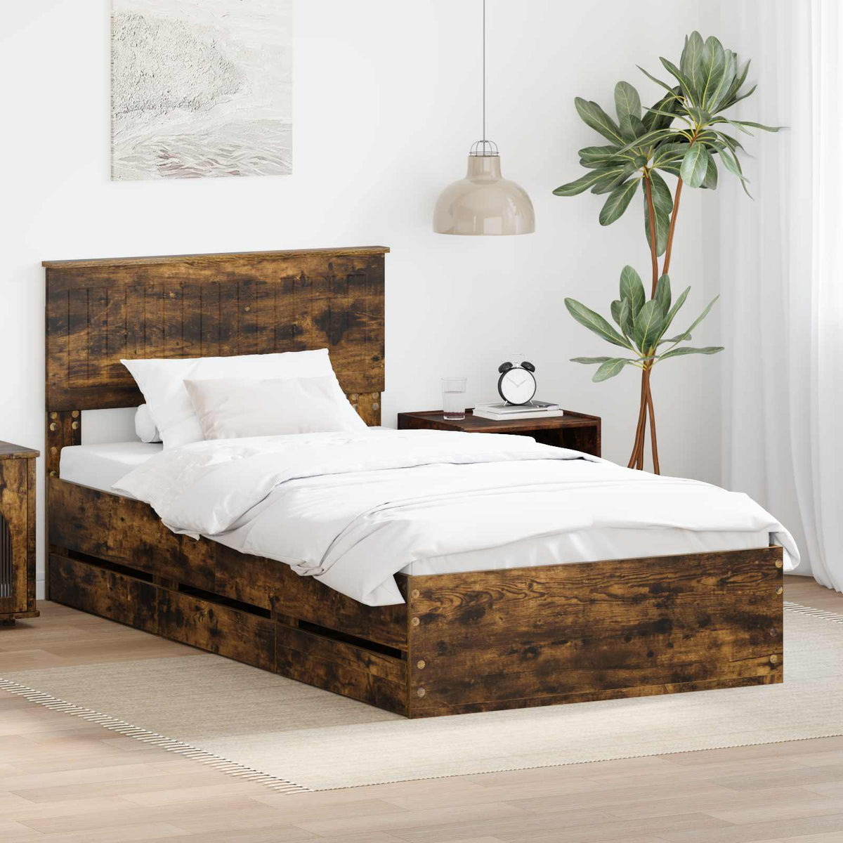 Bed Frame with Drawer Smoked Oak 100 x 200 cm Engineer Wood