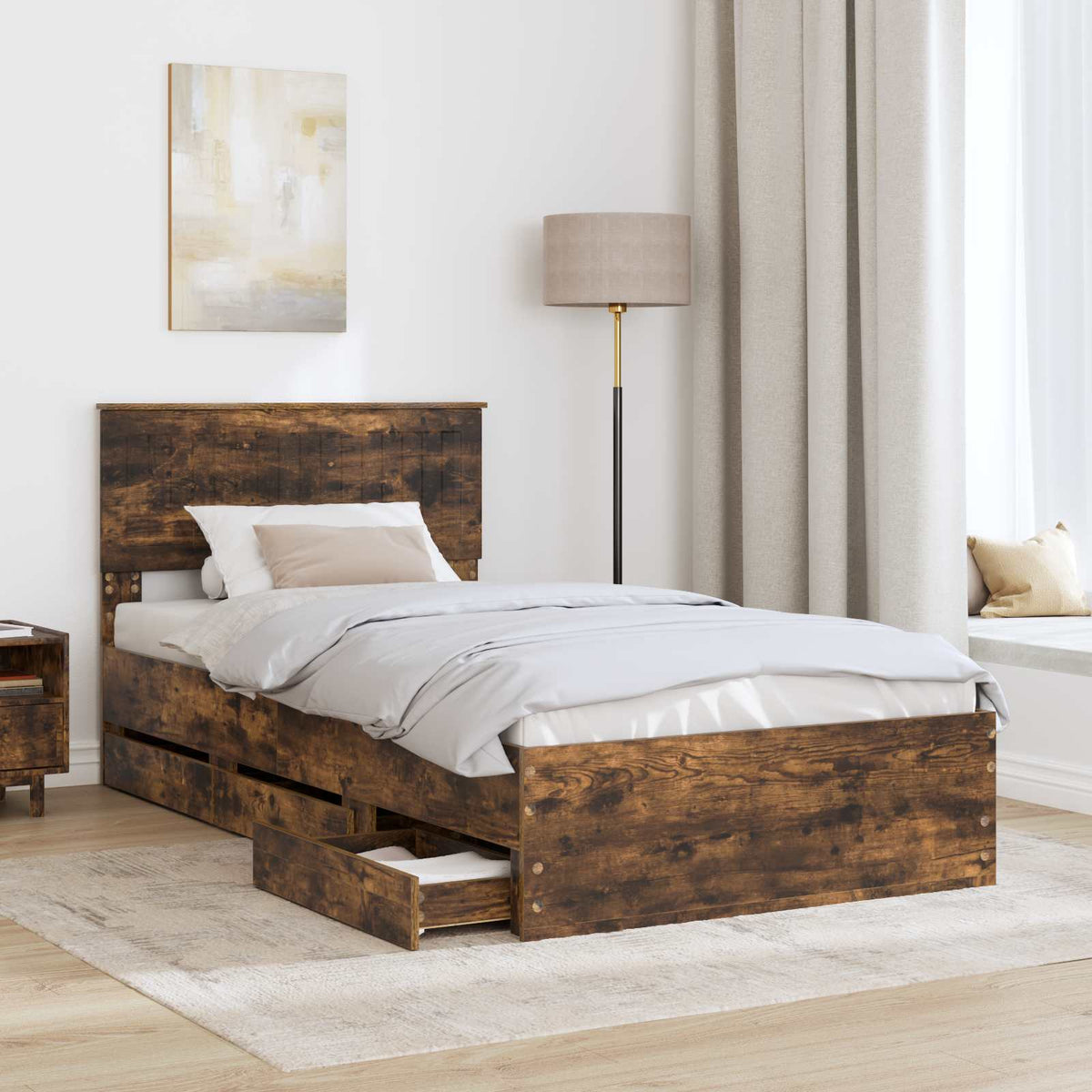 Bed Frame with Drawer Smoked Oak 100 x 200 cm Engineer Wood