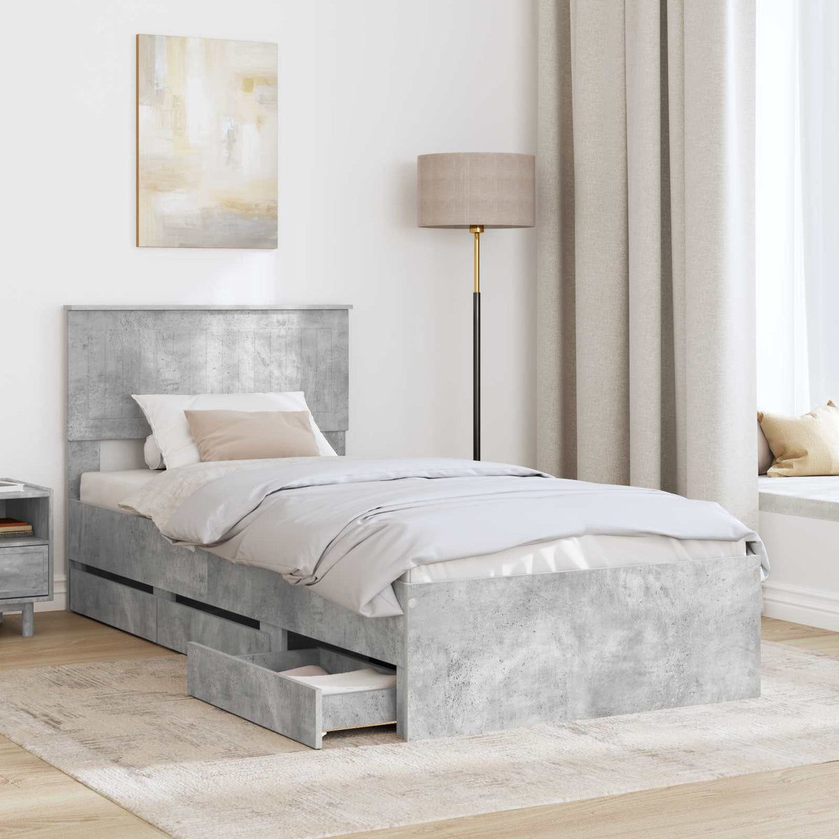 Bed Frame with Drawer Concrete Grey 90 x 190 cm Engineer Wood