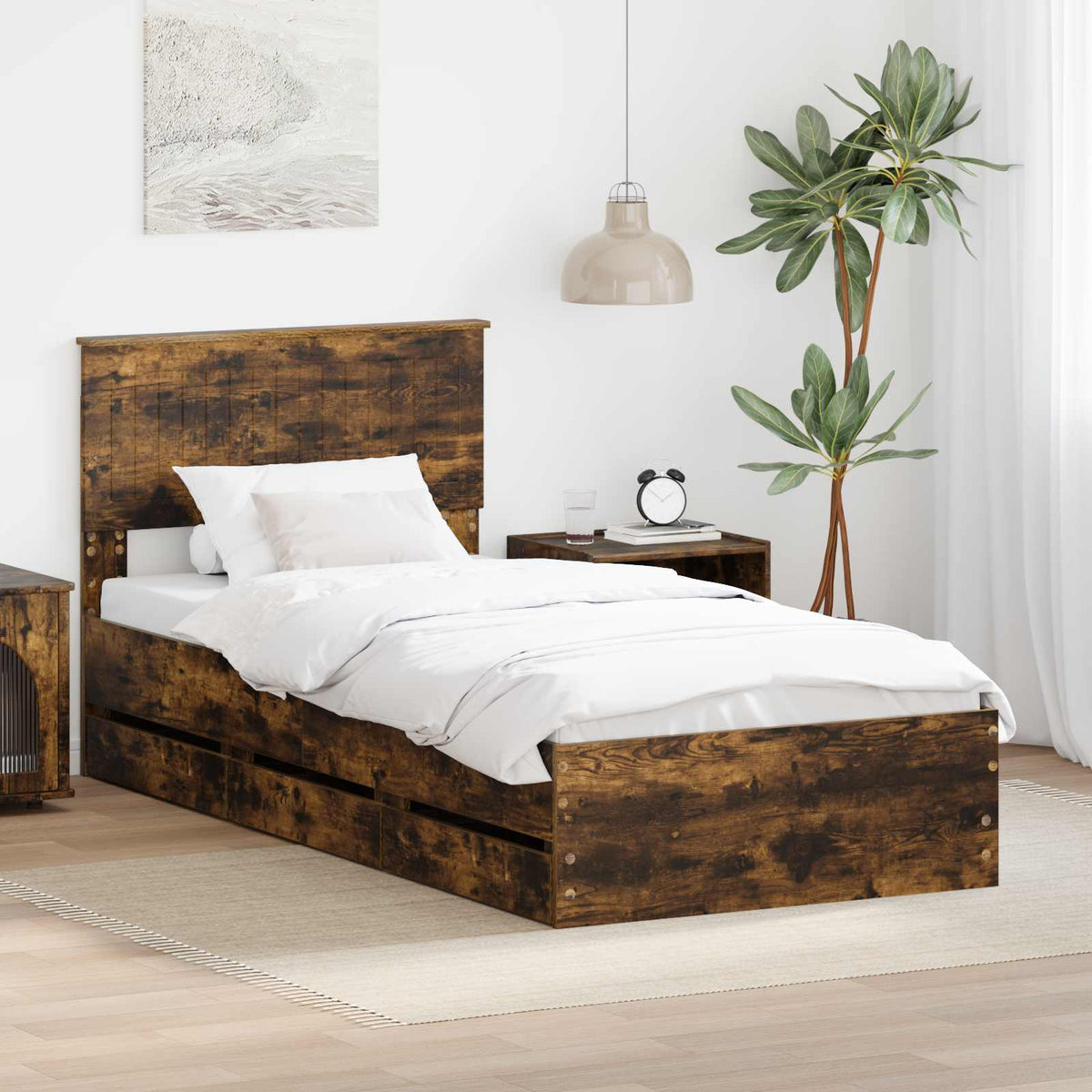 Bed Frame with Drawer Smoked Oak 90 x 190 cm Engineer Wood