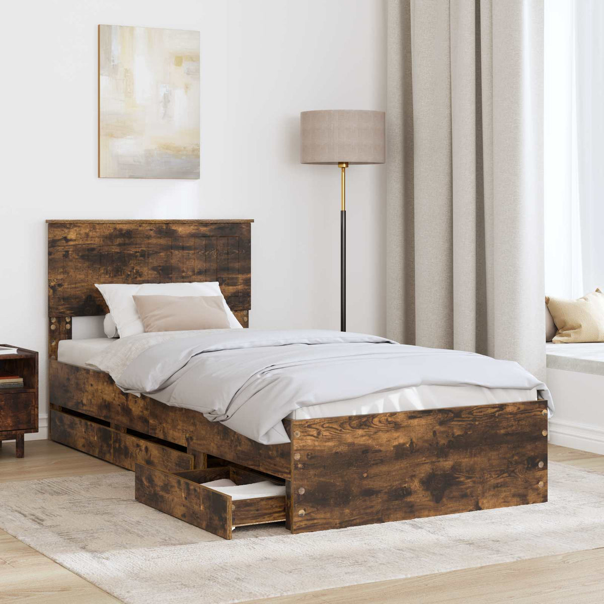 Bed Frame with Drawer Smoked Oak 90 x 190 cm Engineer Wood