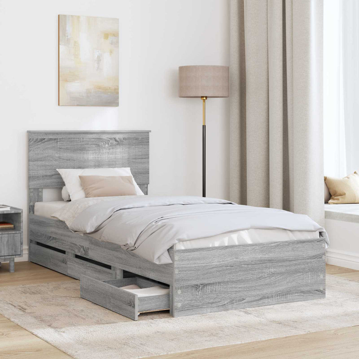 Bed Frame with Drawer Grey Sonoma 90 x 190 cm Engineer Wood