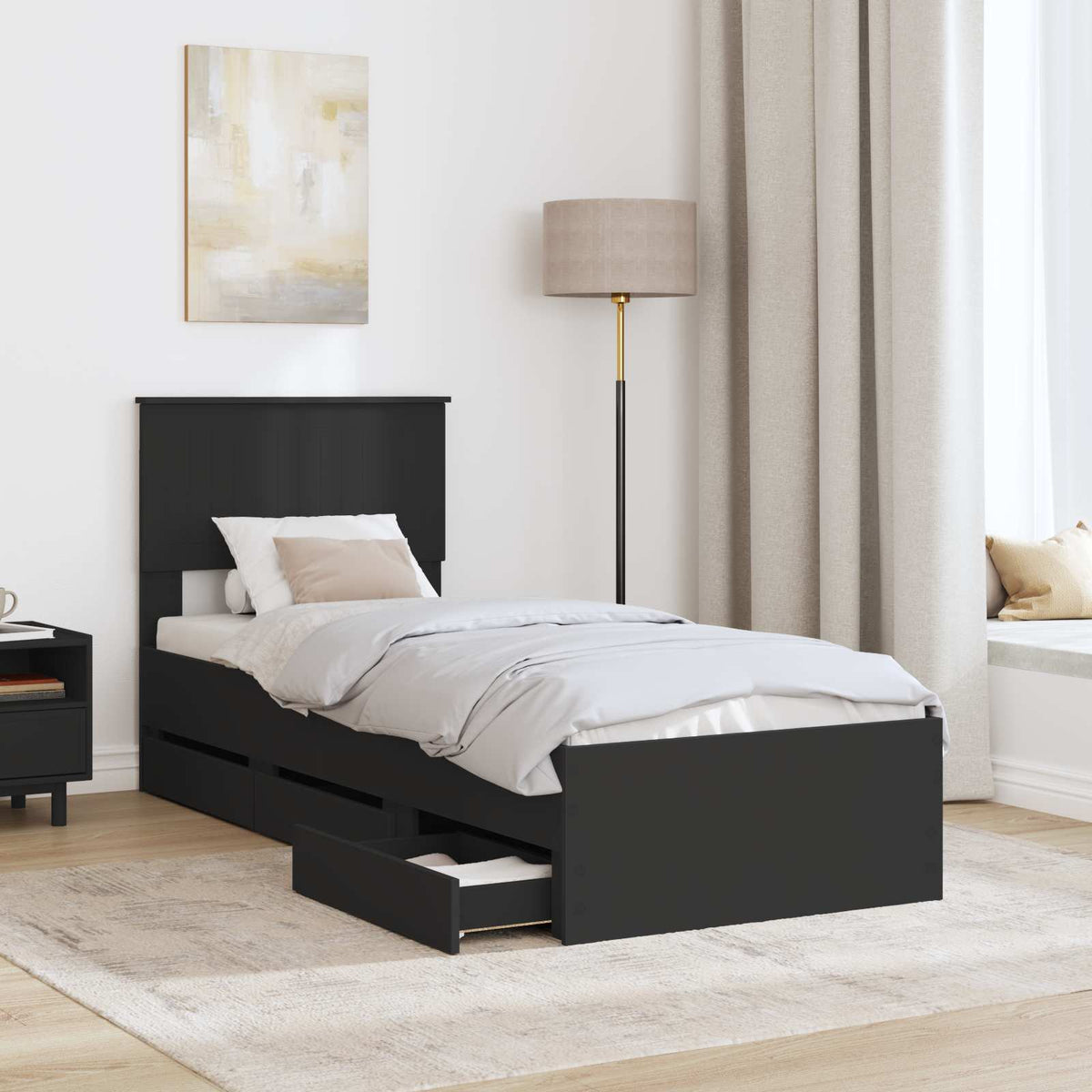 Bed Frame with Drawer Black 75 x 190 cm Engineer Wood
