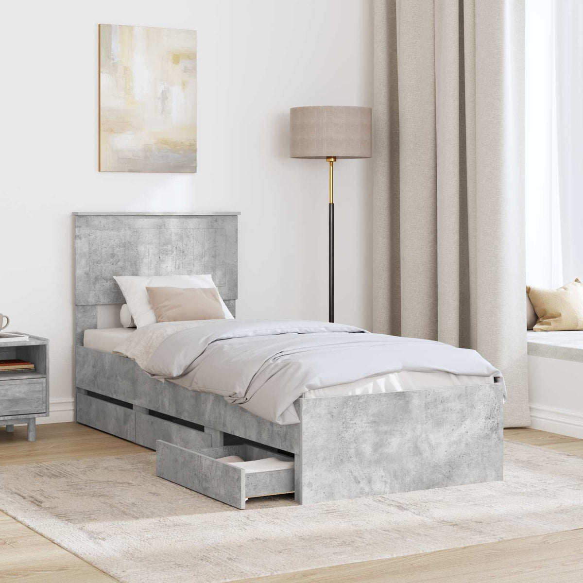 Bed Frame with Drawer Concrete Grey 75 x 190 cm Engineer Wood