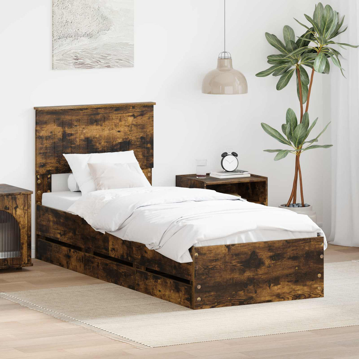 Bed Frame with Drawer Smoked Oak 75 x 190 cm Engineer Wood