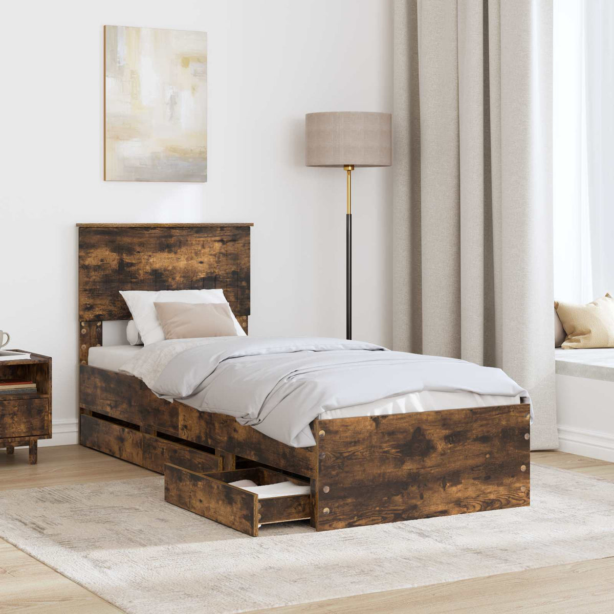 Bed Frame with Drawer Smoked Oak 75 x 190 cm Engineer Wood