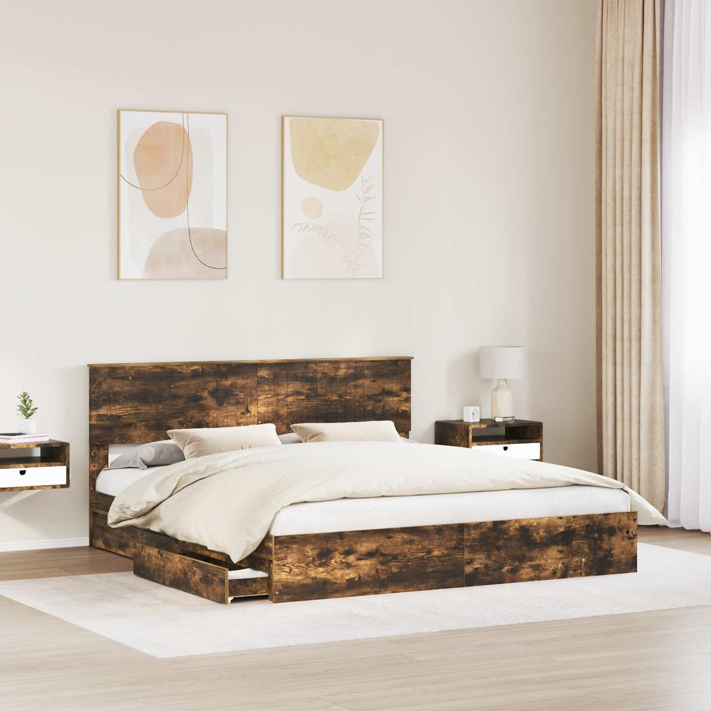 Storage Bed with Drawer Smoked Oak 180 x 200 cm Engineered Wood