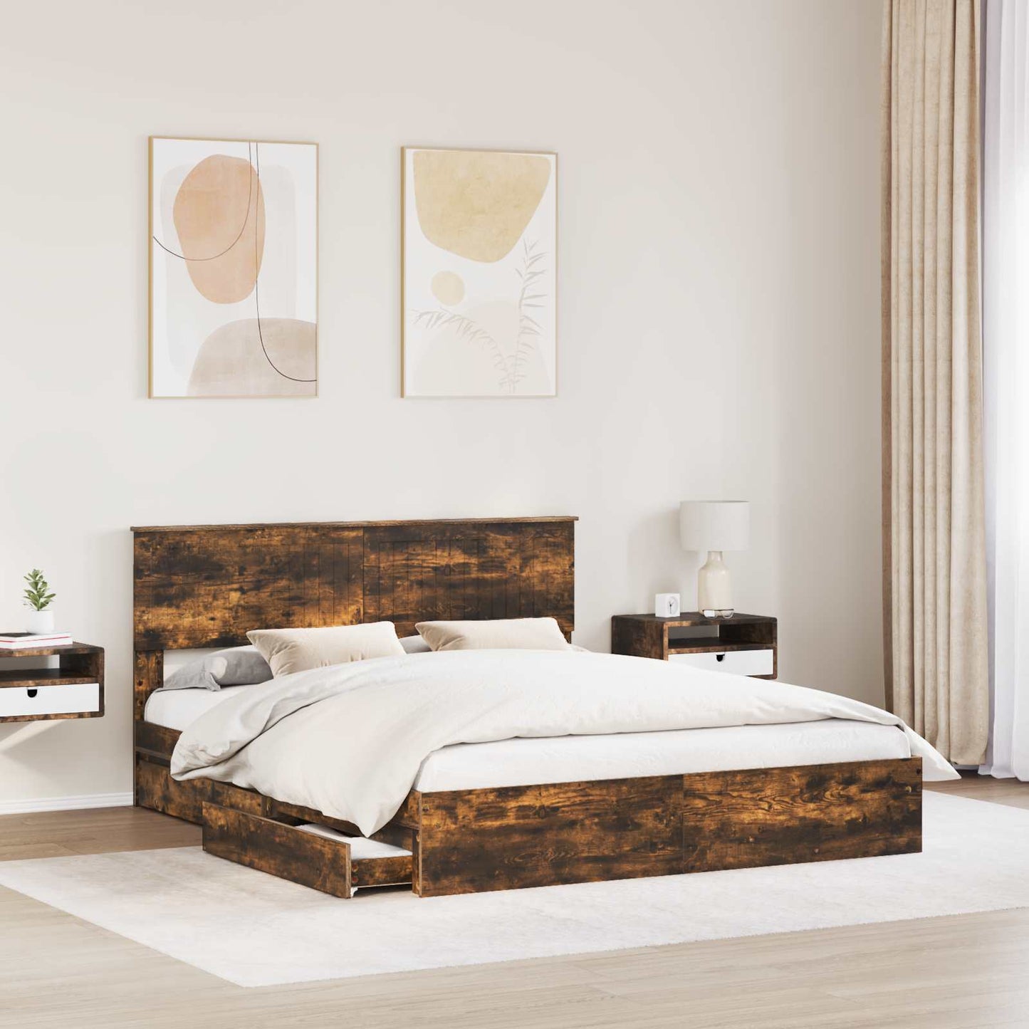 Storage Bed with Drawer Smoked Oak 160 x 200 cm Engineered Wood