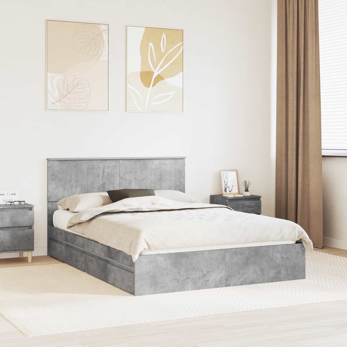 Storage Bed Concrete Grey 135 x 190 cm Engineered Wood