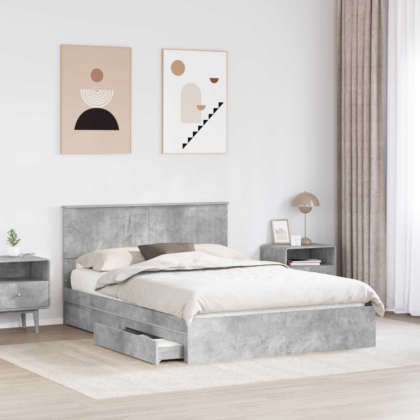 Storage Bed Concrete Grey 135 x 190 cm Engineered Wood