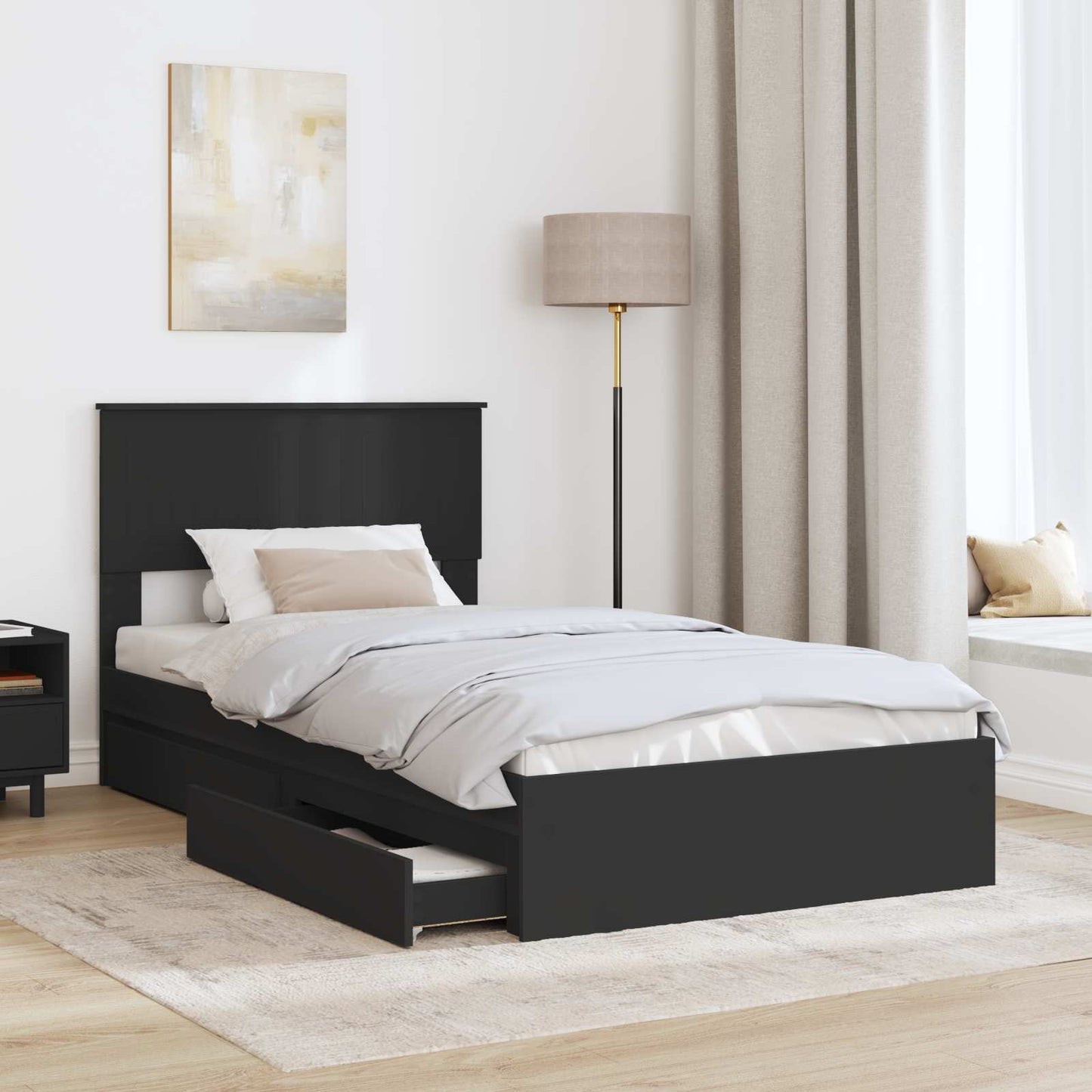 Storage Bed with Headboard Black 100 x 200 cm Engineered Wood