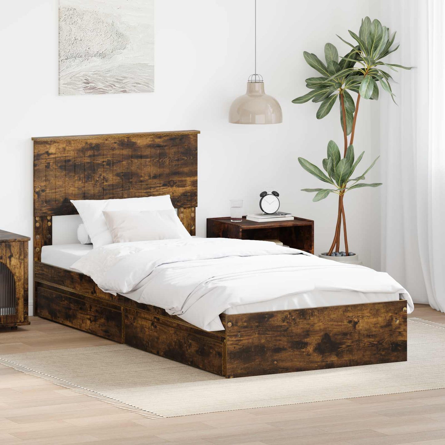 Storage Bed with Drawer Smoked Oak 90 x 200 cm Engineered Wood