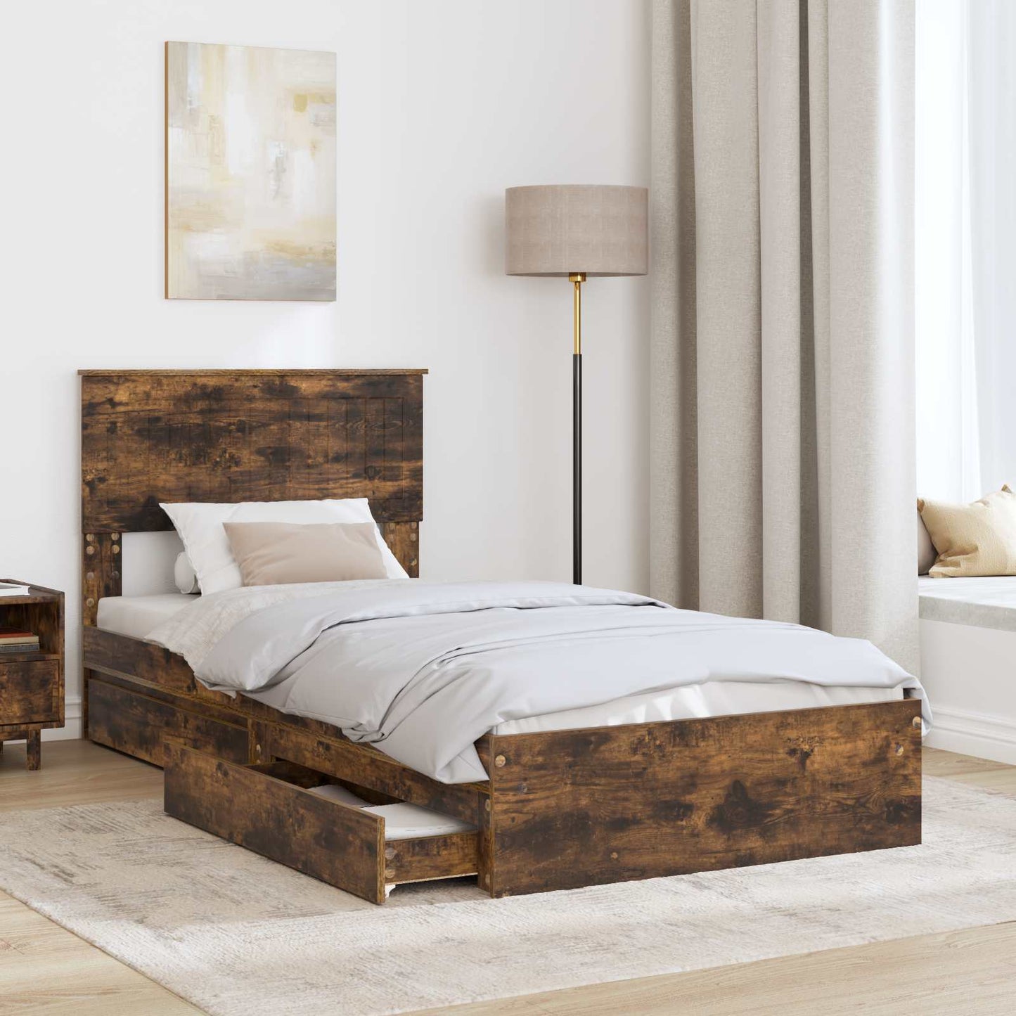 Storage Bed with Drawer Smoked Oak 90 x 200 cm Engineered Wood