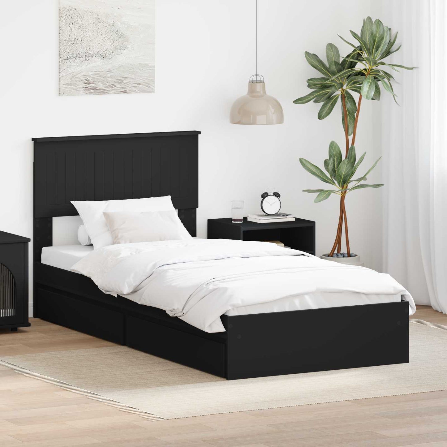 Storage Bed with Headboard Black 90 x 190 cm Engineered Wood