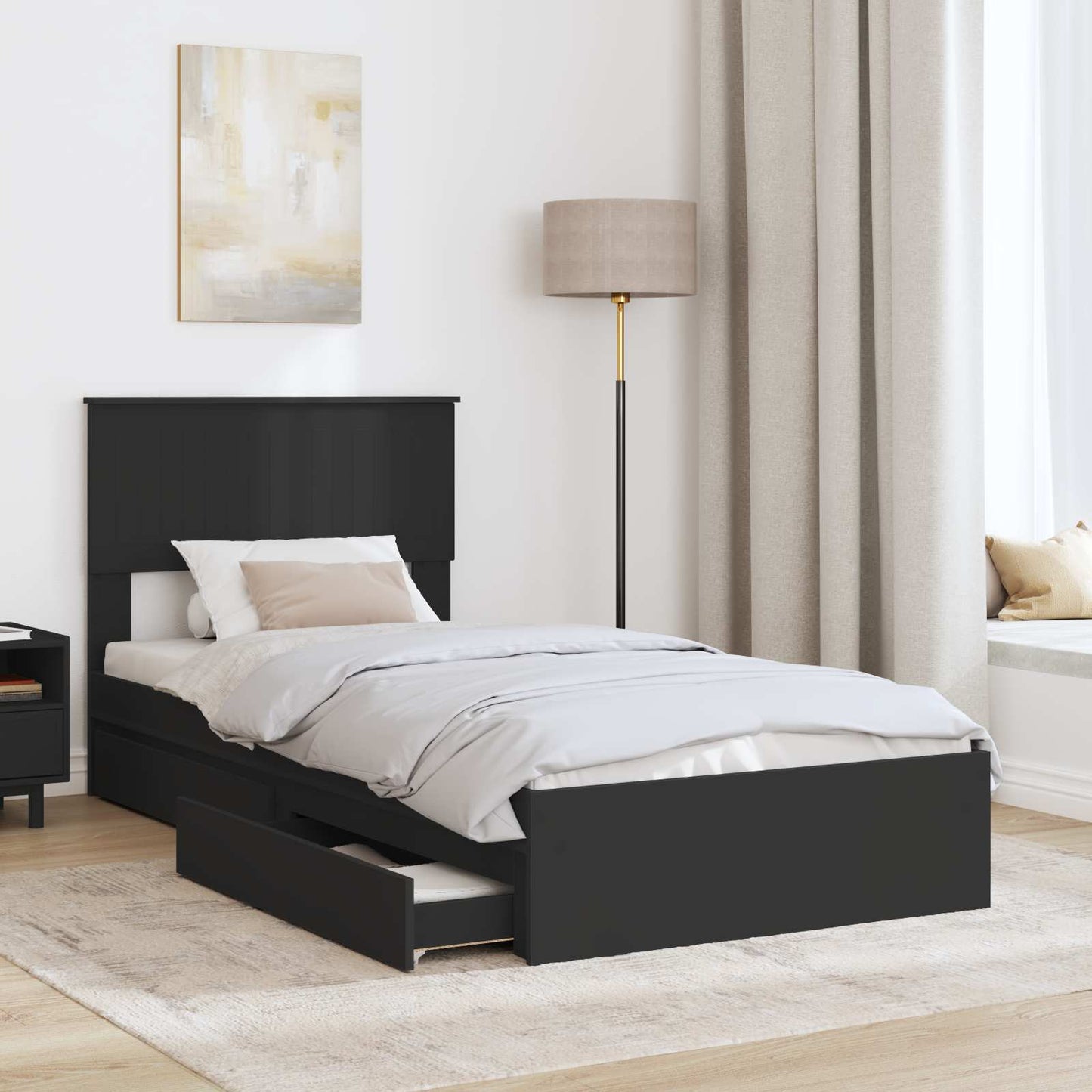 Storage Bed with Headboard Black 90 x 190 cm Engineered Wood