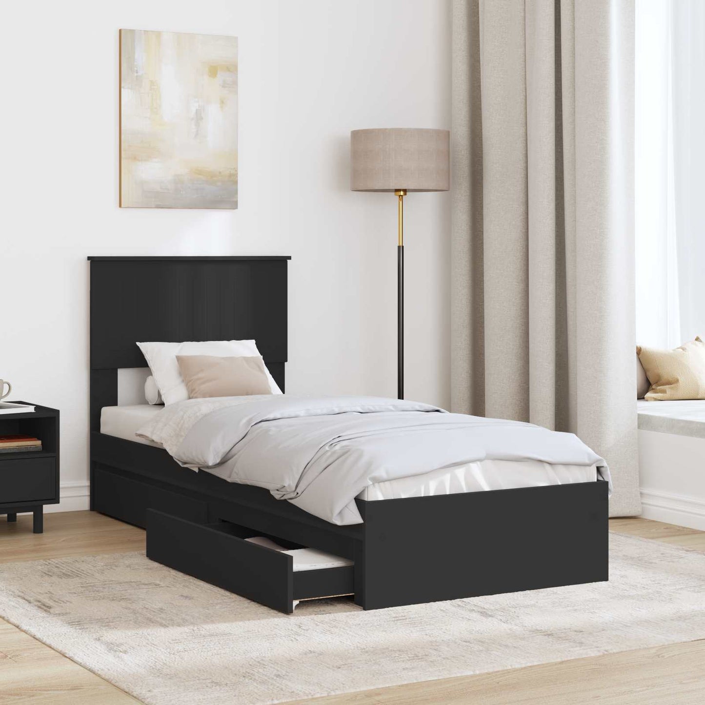 Storage Bed with Headboard Black 75 x 190 cm Engineered Wood