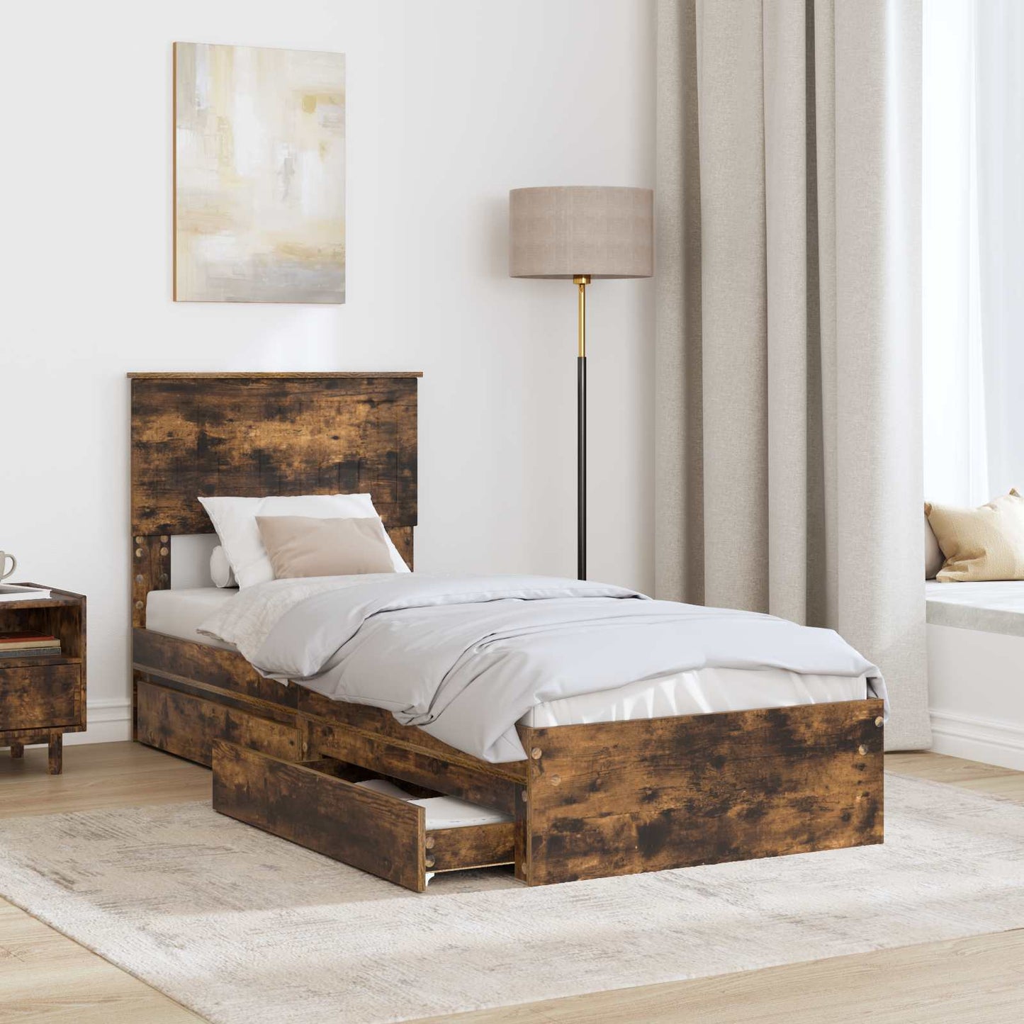 Storage Bed with Drawer Smoked Oak 75 x 190 cm Engineered Wood