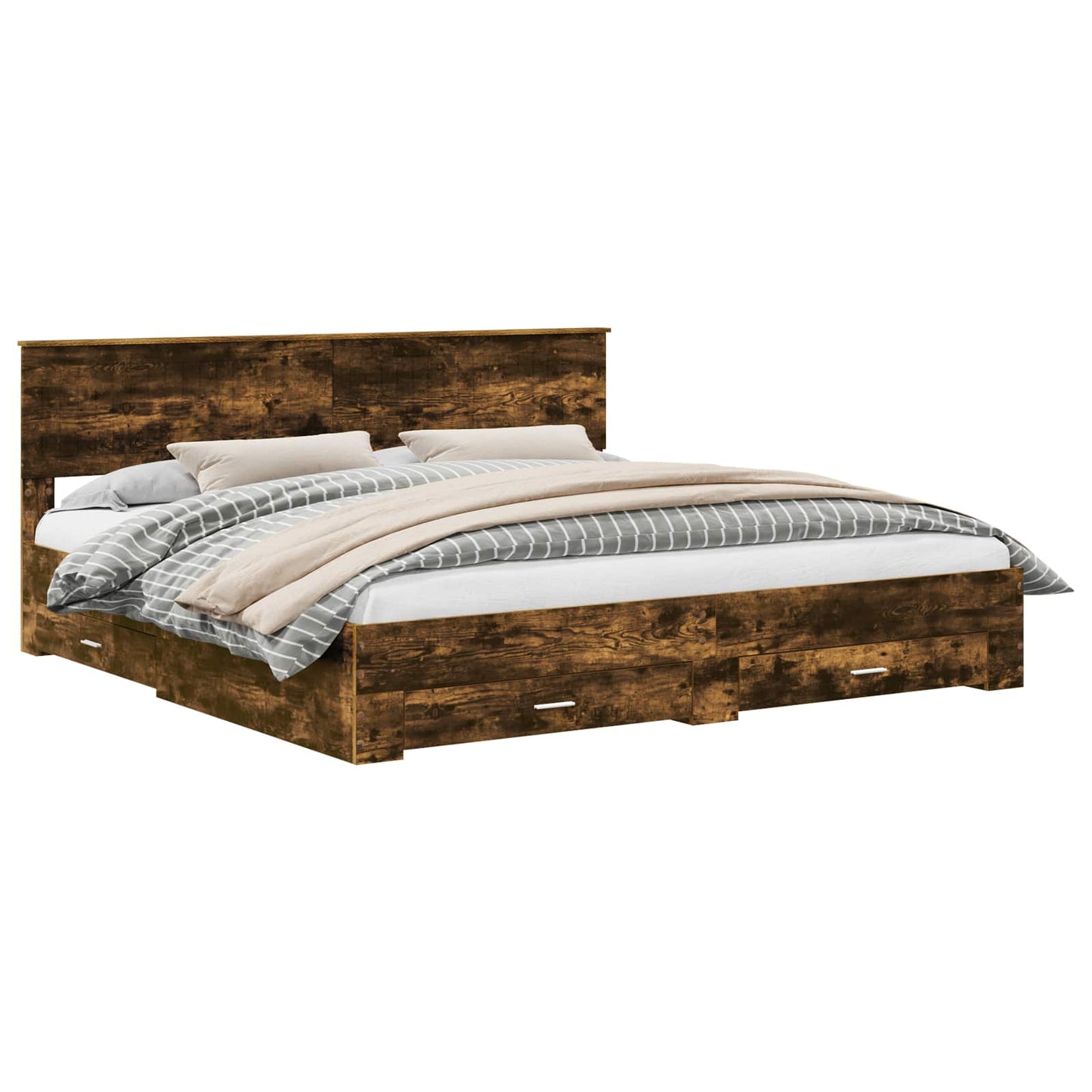 Bed Frame with Drawer Smoked Oak 200 x 200 cm Engineered Wood