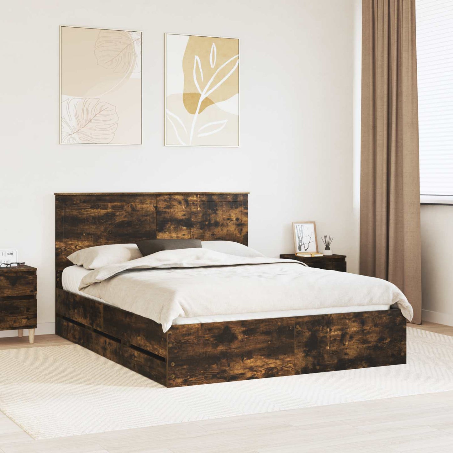 Bed Frame with Drawer Smoked Oak 150 x 200 cm Engineer Wood