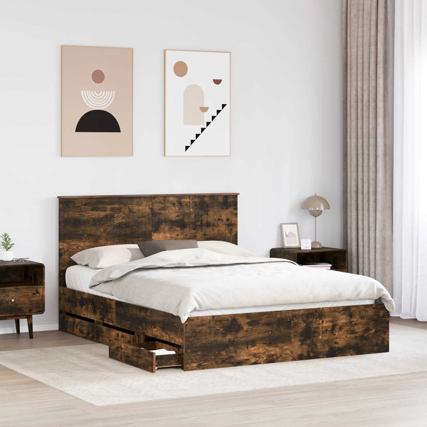 Bed Frame with Drawer Smoked Oak 150 x 200 cm Engineer Wood