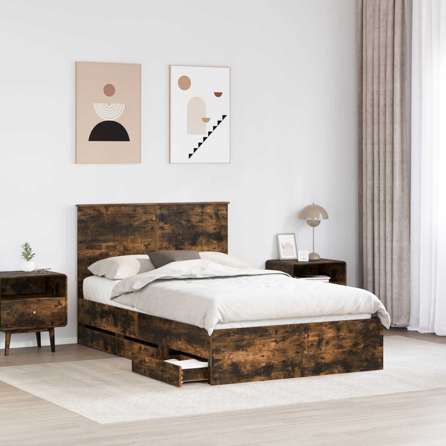 Bed Frame with Drawer Smoked Oak 120 x 190 cm Engineer Wood
