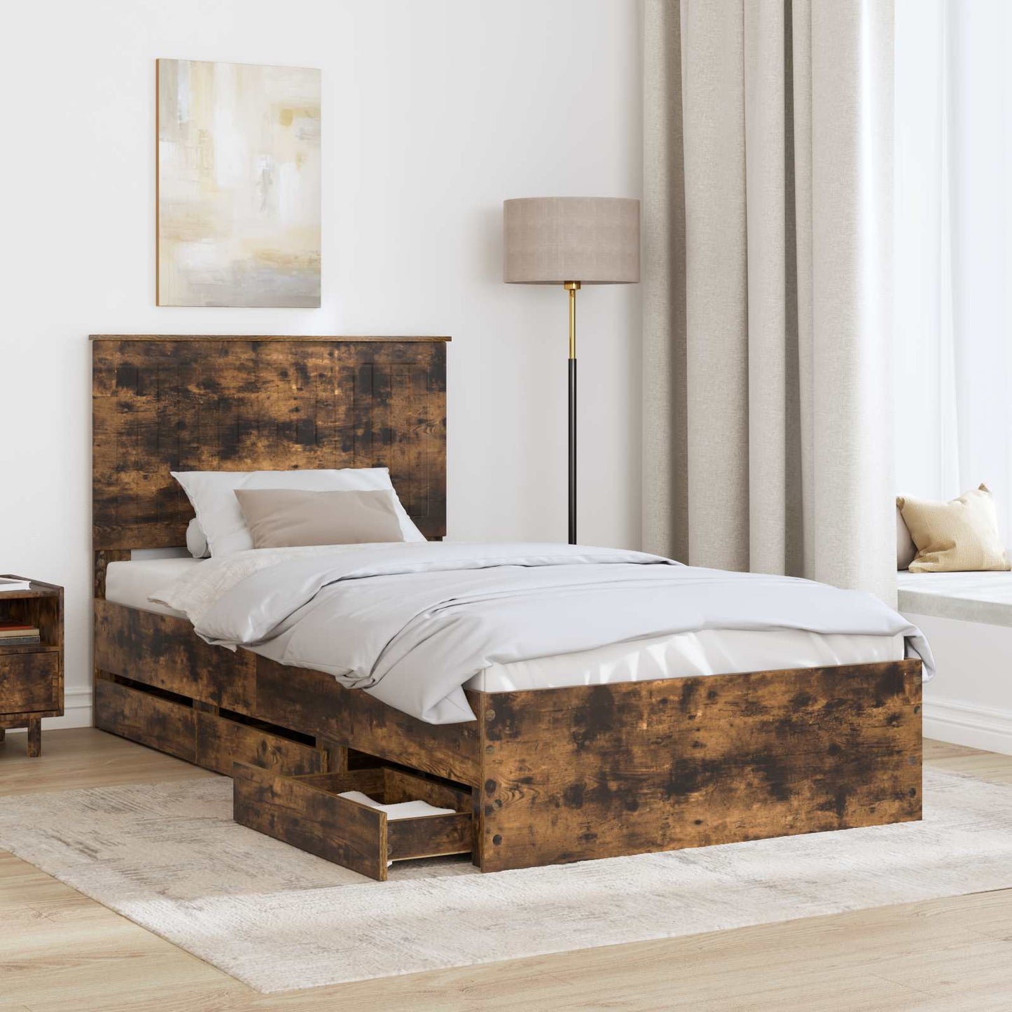 Bed Frame with Drawer Smoked Oak 100 x 200 cm Engineer Wood