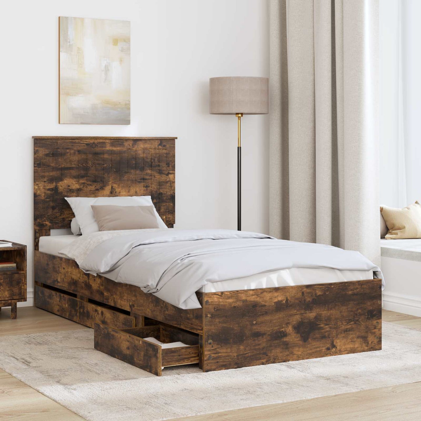 Bed Frame with Drawer Smoked Oak 90 x 200 cm Engineer Wood