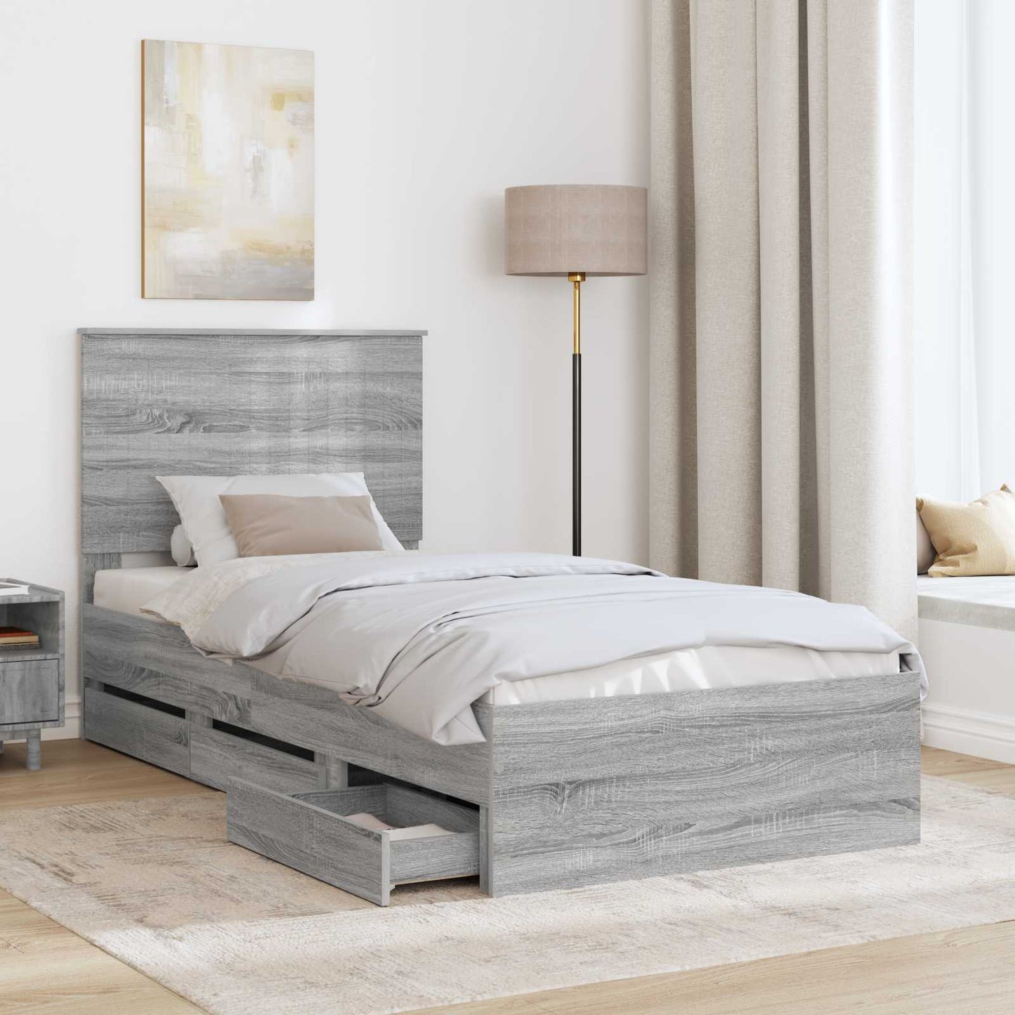 Bed Frame with Drawer Grey Sonoma 90 x 190 cm Engineer Wood