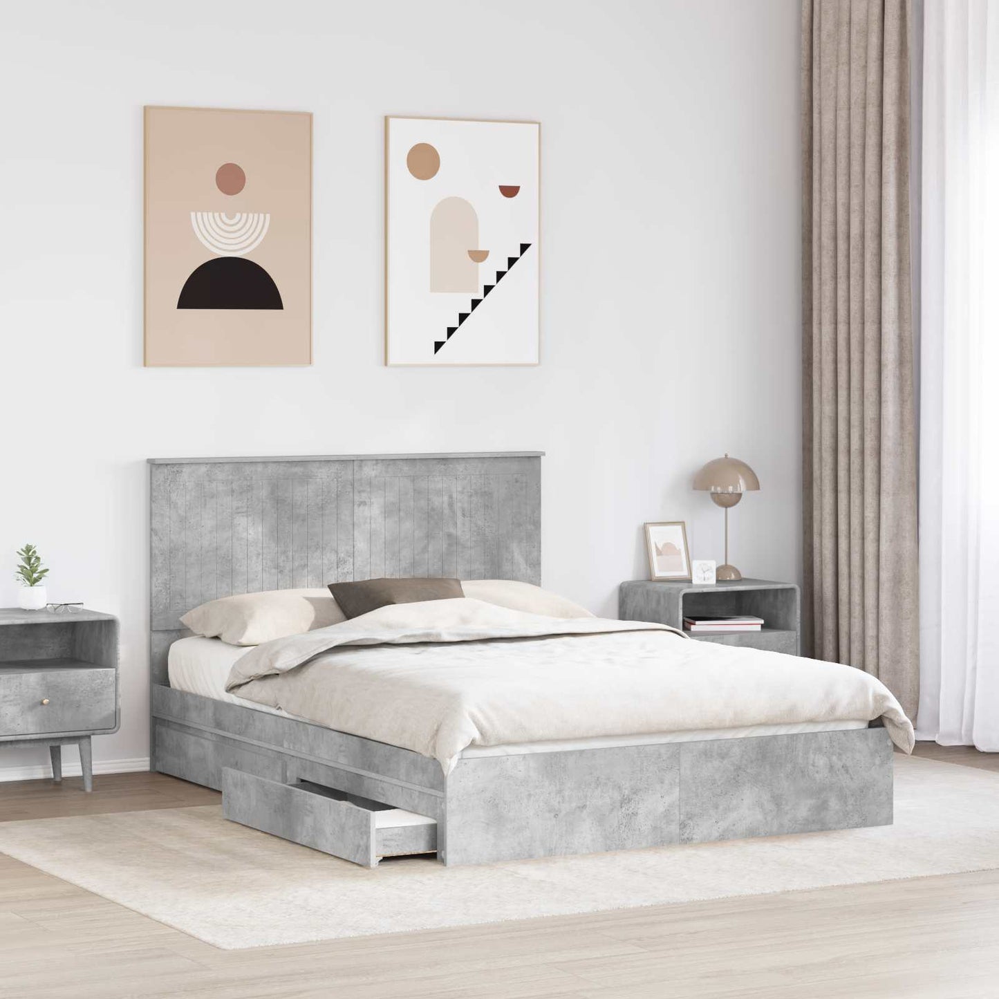 Storage Bed Concrete Grey 135 x 190 cm Engineered Wood