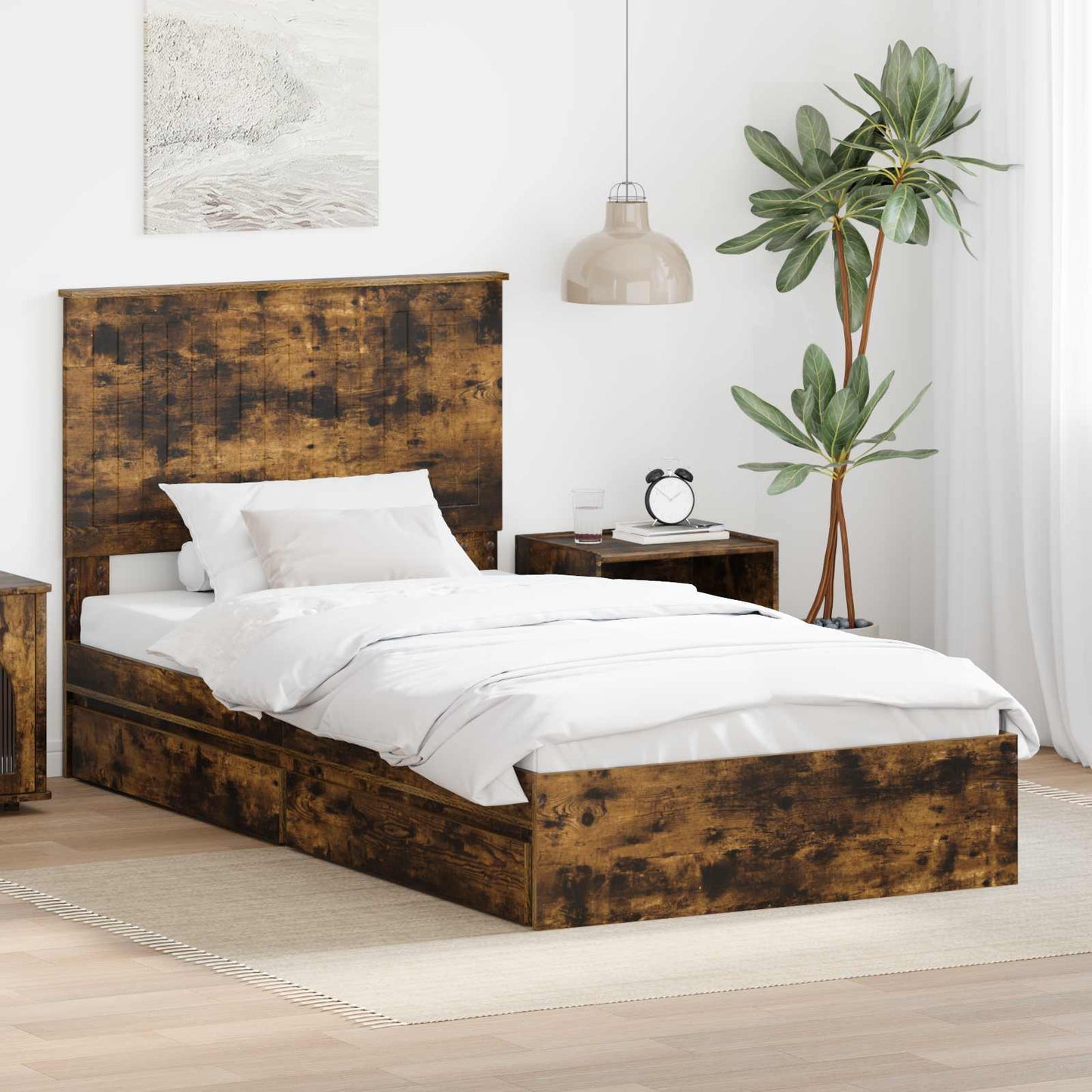 Storage Bed with Drawer Smoked Oak 100 x 200 cm Engineered Wood