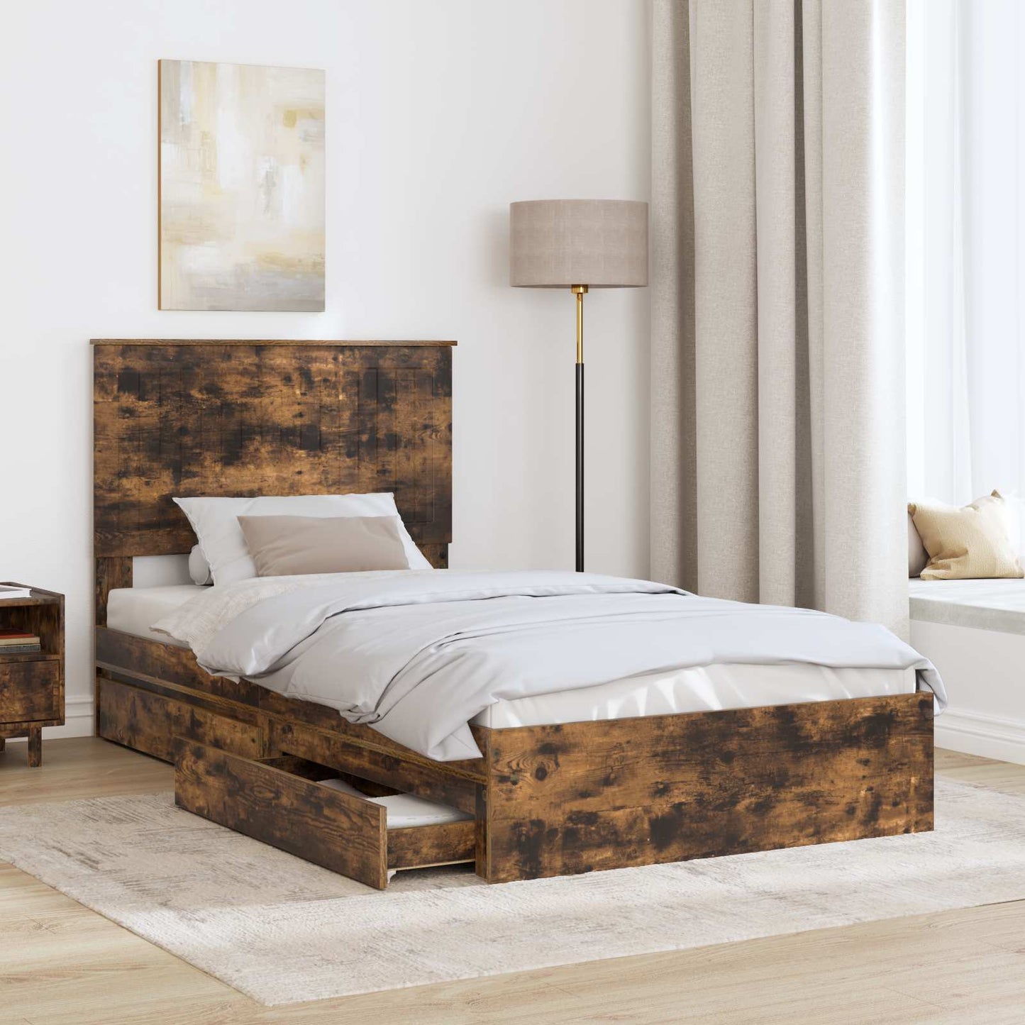Storage Bed with Drawer Smoked Oak 100 x 200 cm Engineered Wood