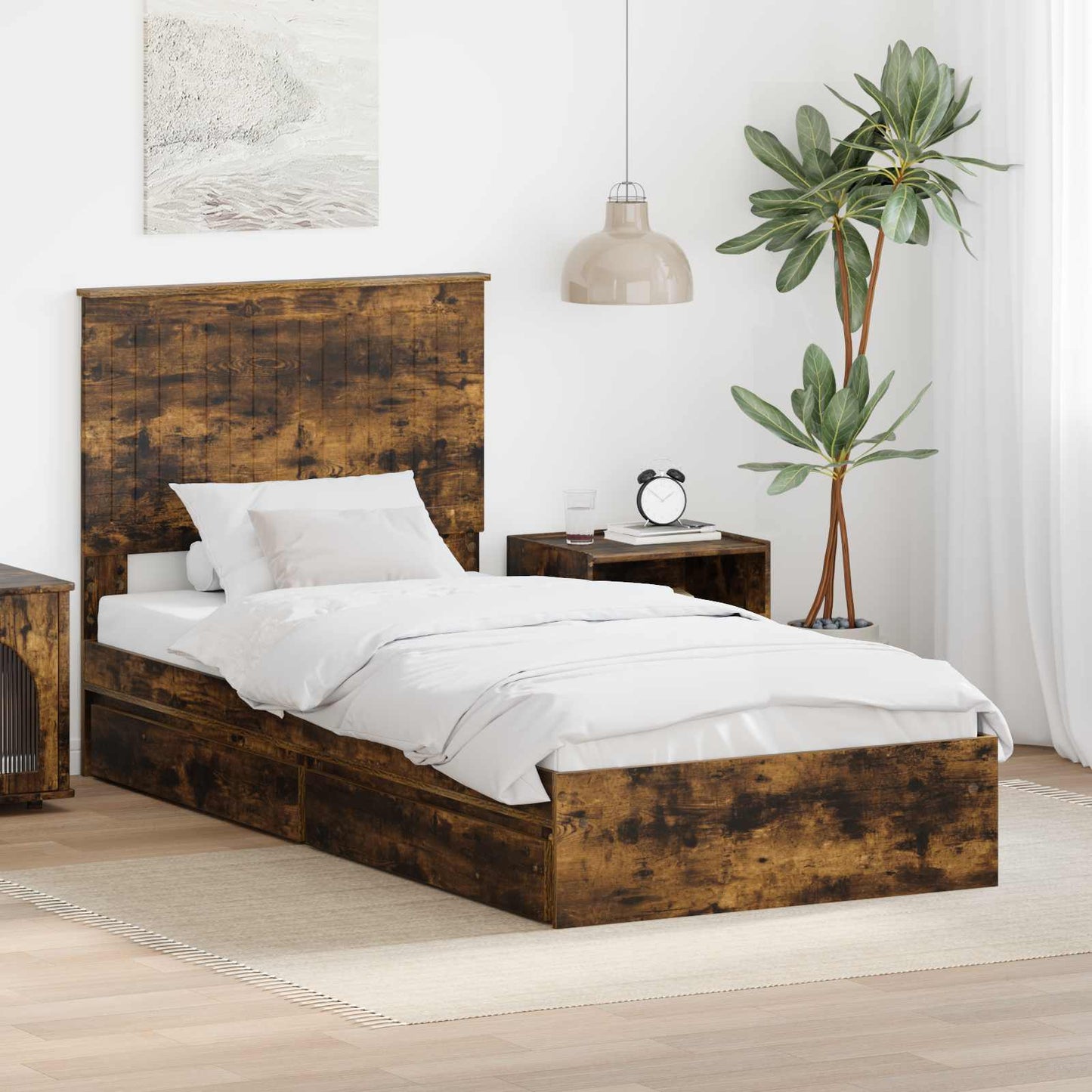 Storage Bed with Drawer Smoked Oak 90 x 190 cm Engineered Wood