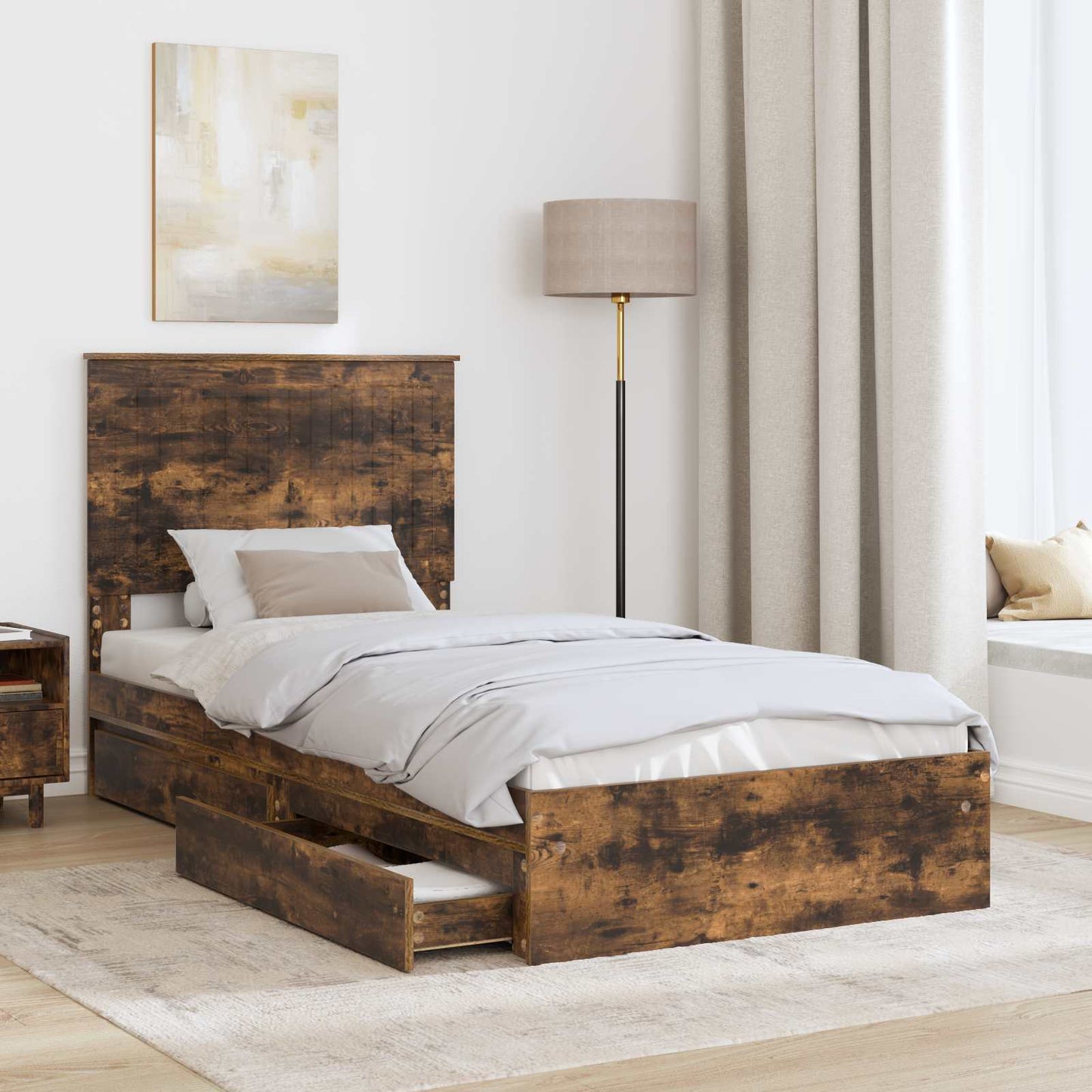 Storage Bed with Drawer Smoked Oak 90 x 190 cm Engineered Wood