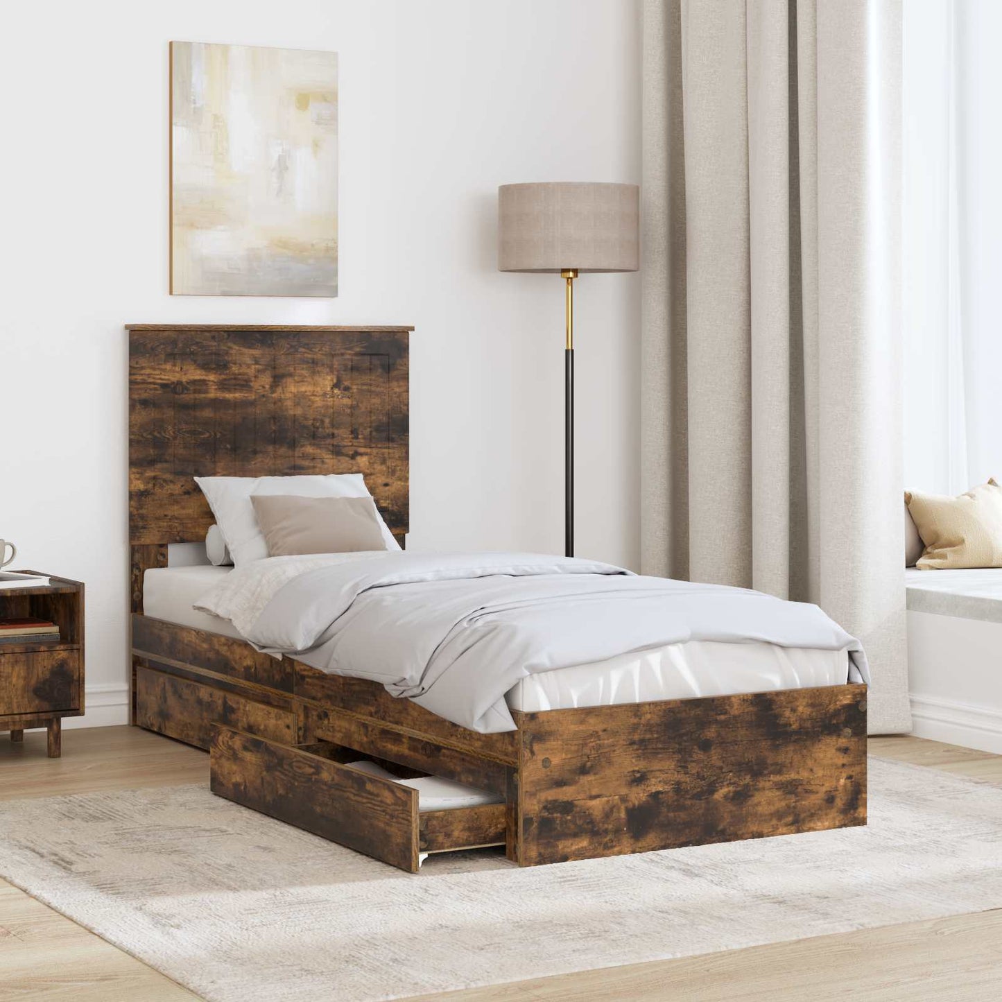 Storage Bed with Drawer Smoked Oak 75 x 190 cm Engineered Wood
