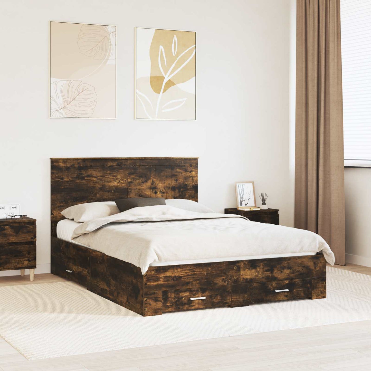Bed Frame with Drawer Smoked Oak 140 x 190 cm Engineered Wood