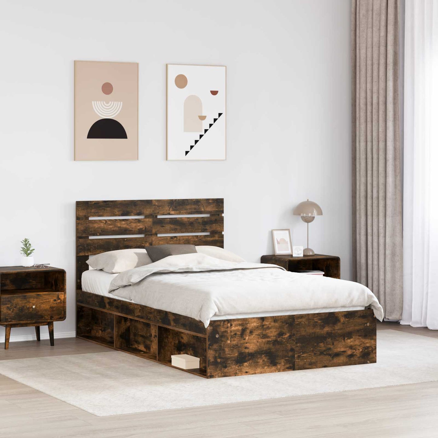 Bed Frame Smoked Oak 135 x 190 cm Solid Pine Wood