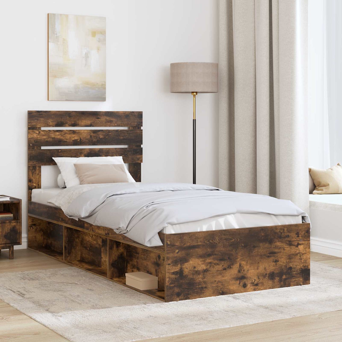 Bed Frame with Headboard Smoked Oak 75 x 190 cm Solid Pine Wood